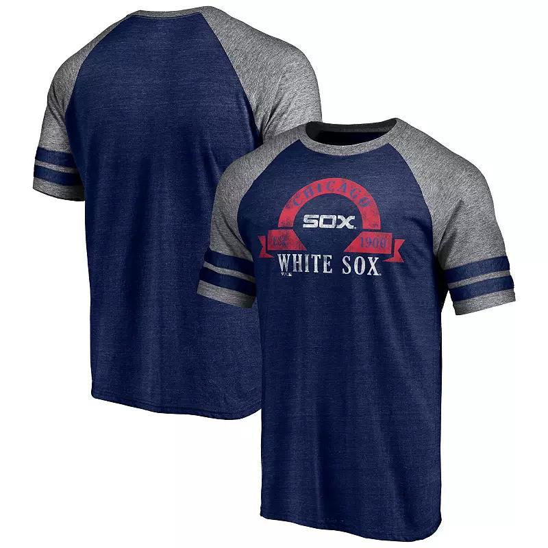 Men's Fanatics Branded Heather Navy Chicago White Sox Utility Two-Stripe Raglan Tri-Blend T-Shirt, Size: Small, Blue Product Image