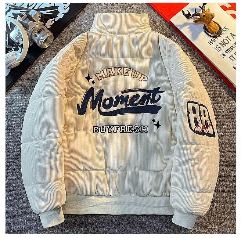 Stand Collar Lettering Embroidered Corduroy Zip Puffer Jacket Product Image
