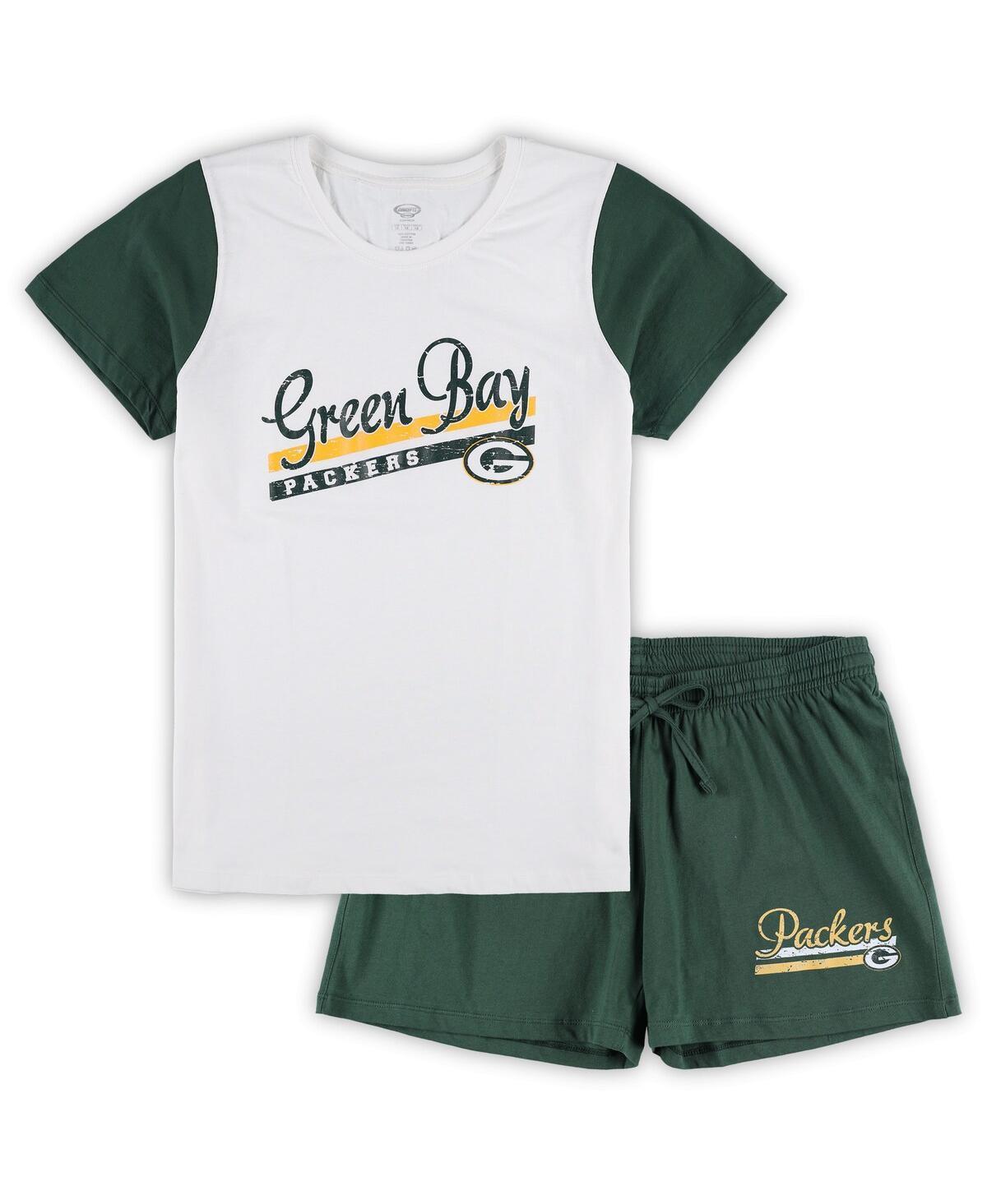 Women's Concepts Sport White/Green Green Bay Packers Plus Size Downfield T-Shirt & Shorts Sleep Set, Size: 2XL Product Image