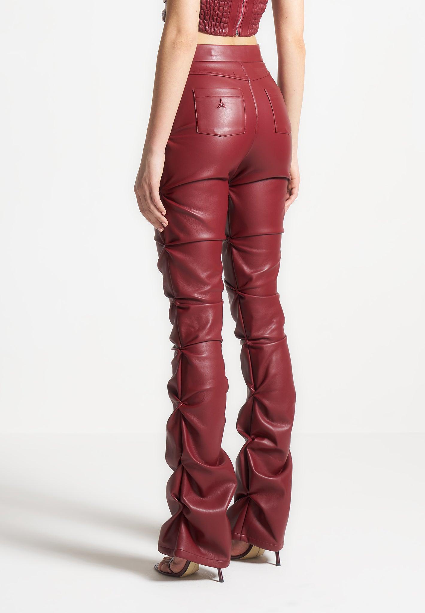 Caroline - Tacked Leather Flared Trousers - Wine Red Female Product Image