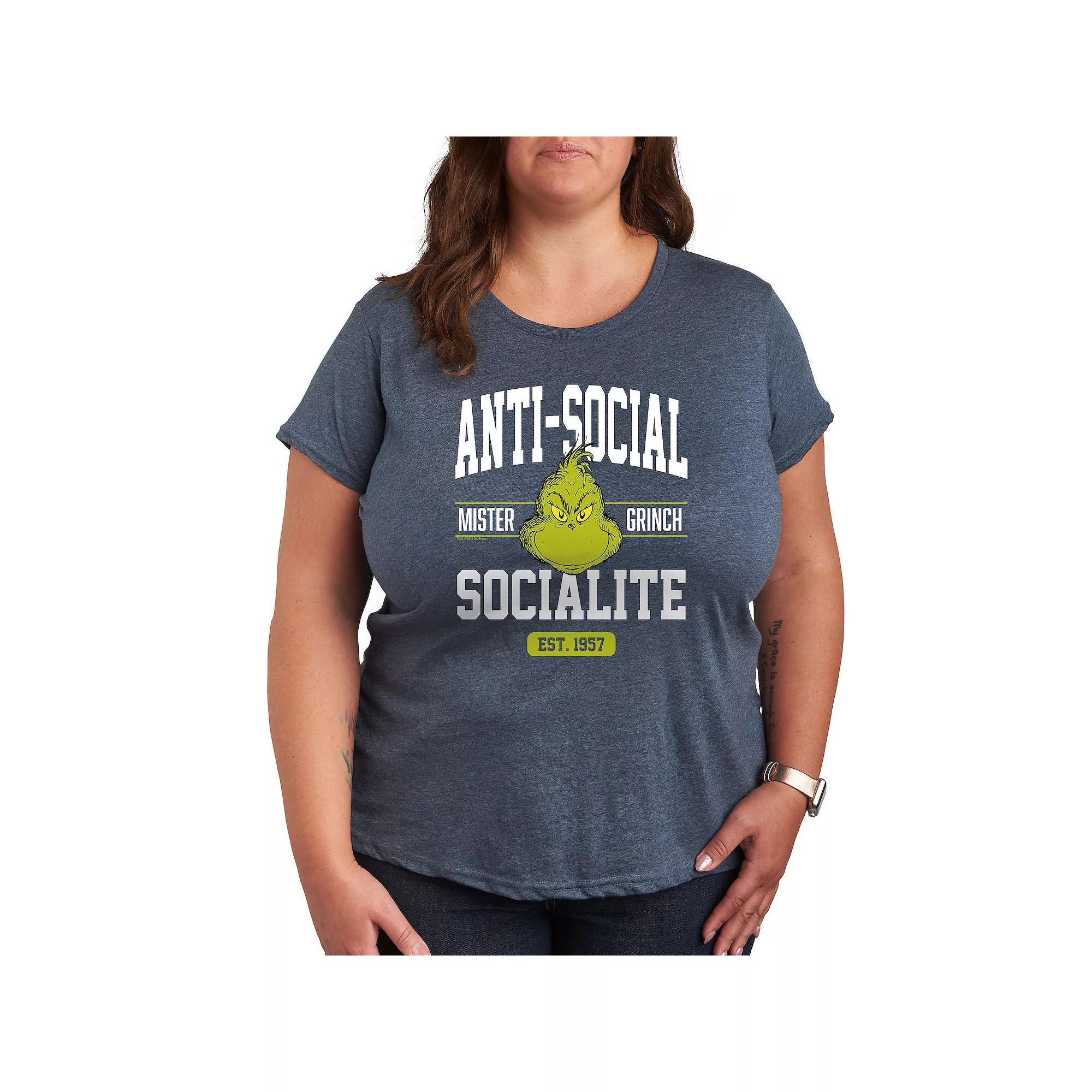 Plus Dr. Seuss The Grinch Anti Social Socialite Graphic Tee, Womens Grey Blue Product Image