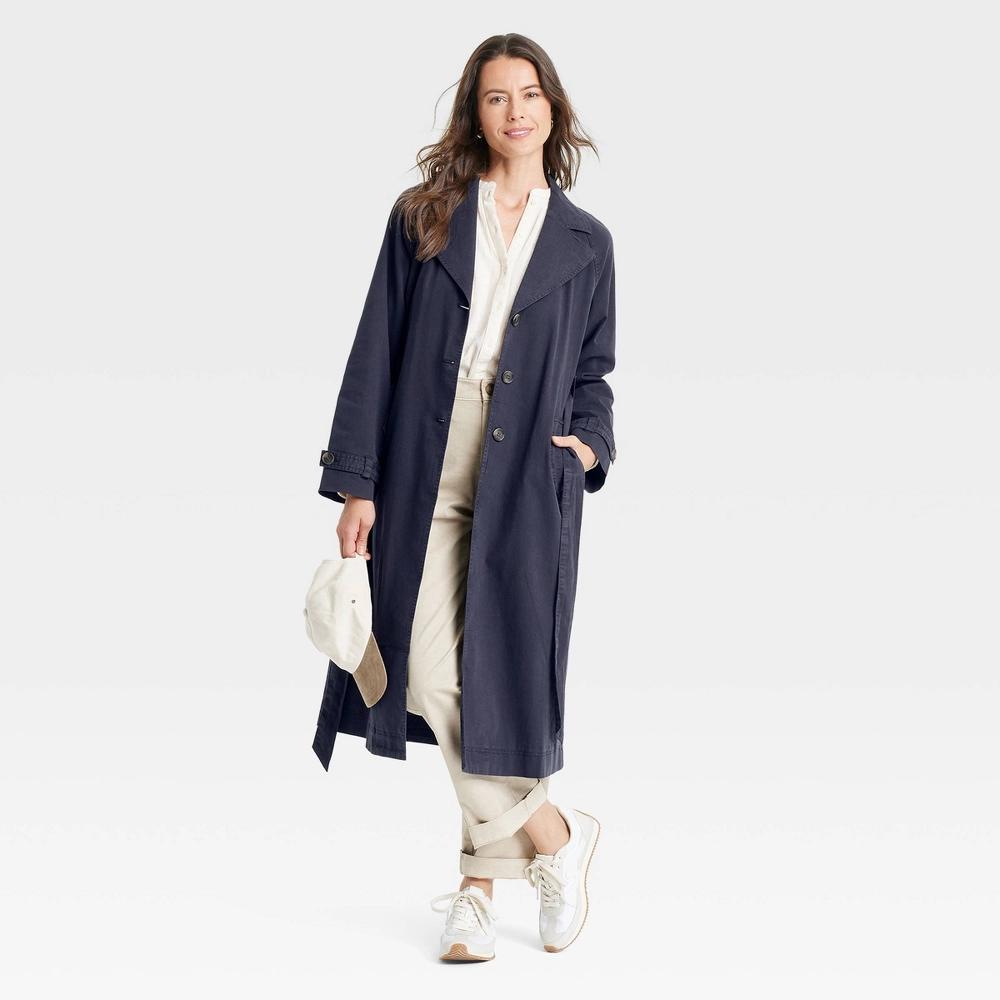 Womens Long Sleeve Trench Coat - Universal Thread Navy Blue M: Waist Tie, Below Knee Length Product Image