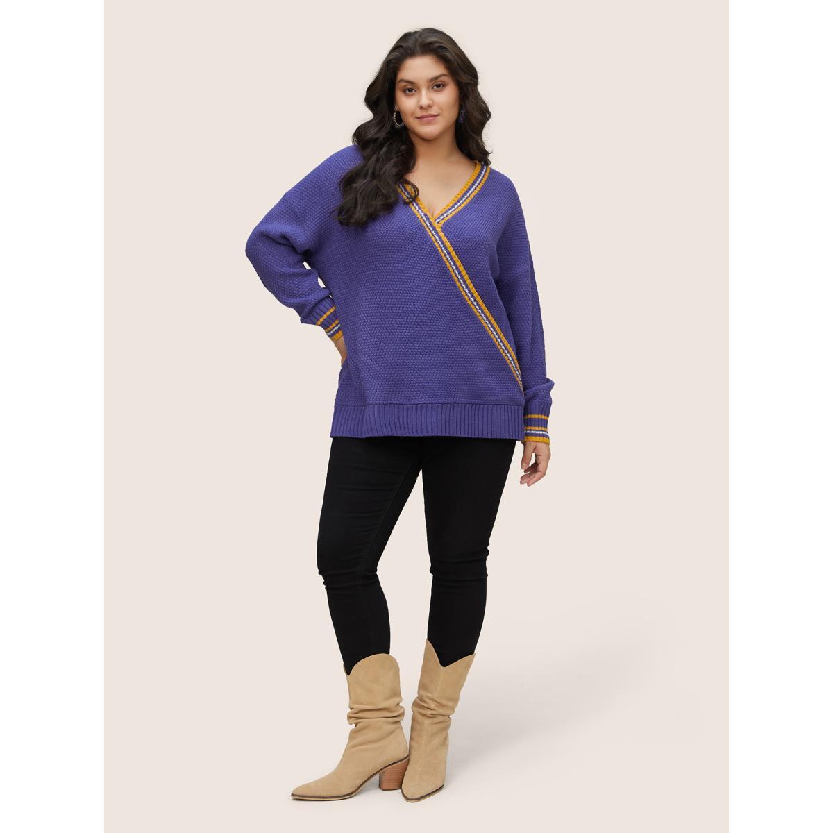 Plus Size Striped Contrast Wrap Knit Pullover Blackcurrant Women Casual Loose Long Sleeve V-neck Dailywear Pullovers BloomChic 10/M Product Image