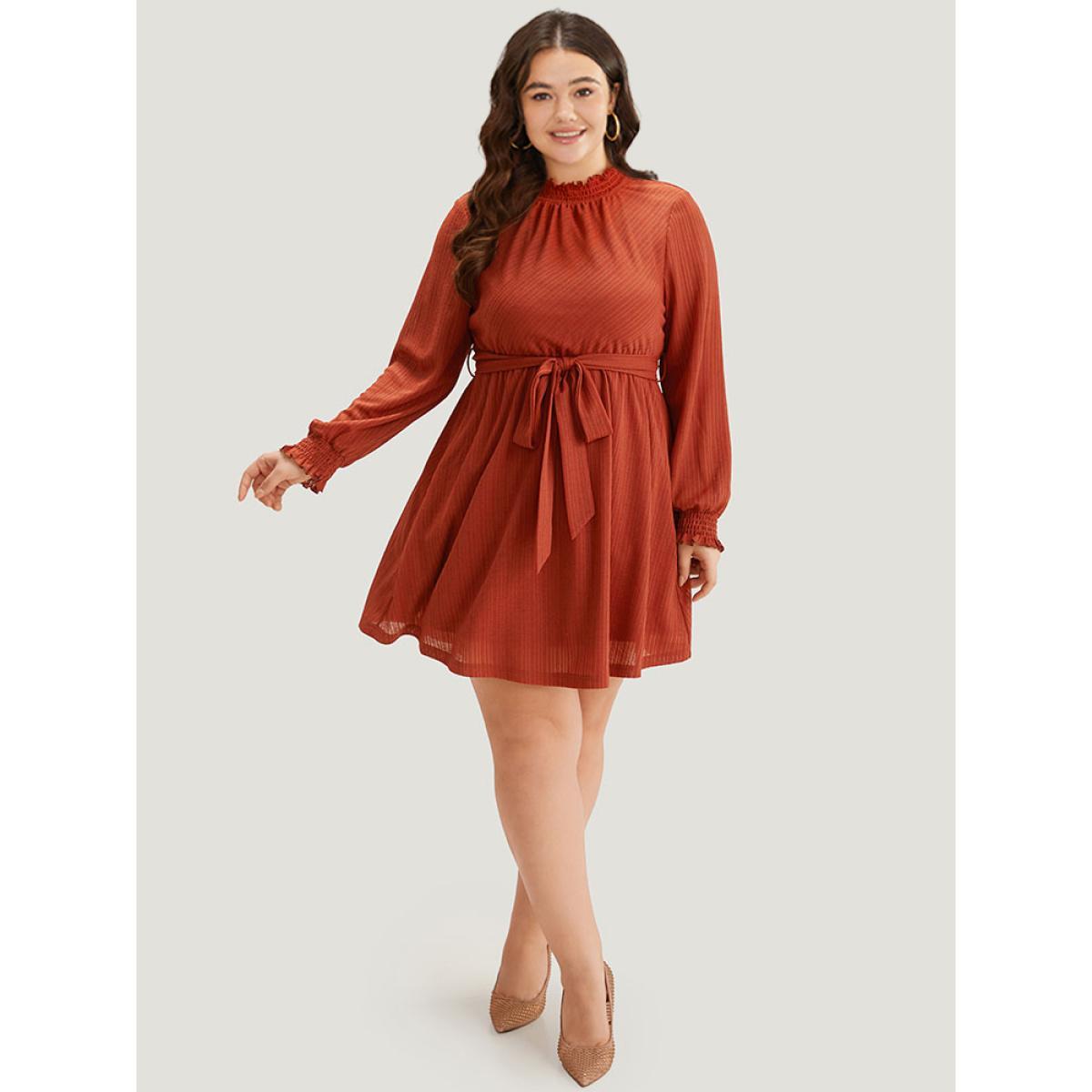 Plus Size Solid Shirred Belted Mock Neck Dress Rust Women Elegant Texture Mock Neck Long Sleeve Curvy Midi Dress BloomChic 22-24/3X Product Image