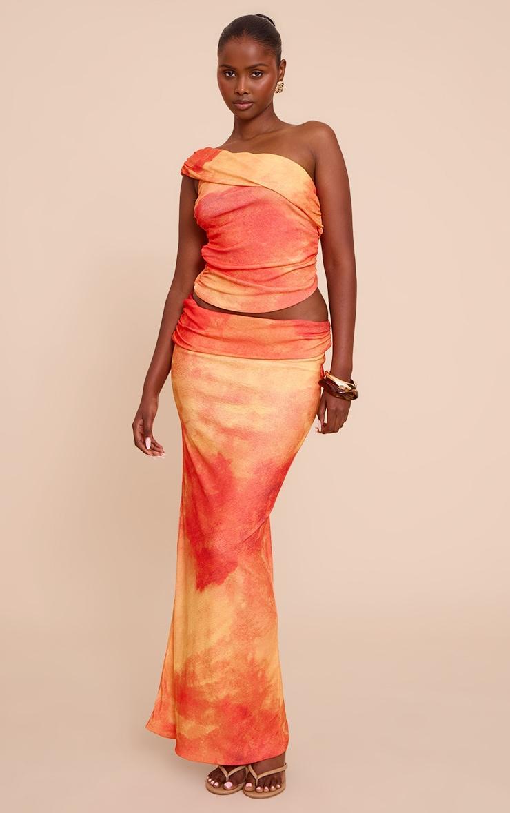 Orange Abstract Print Onion Skin Low Waist Maxi Skirt Product Image