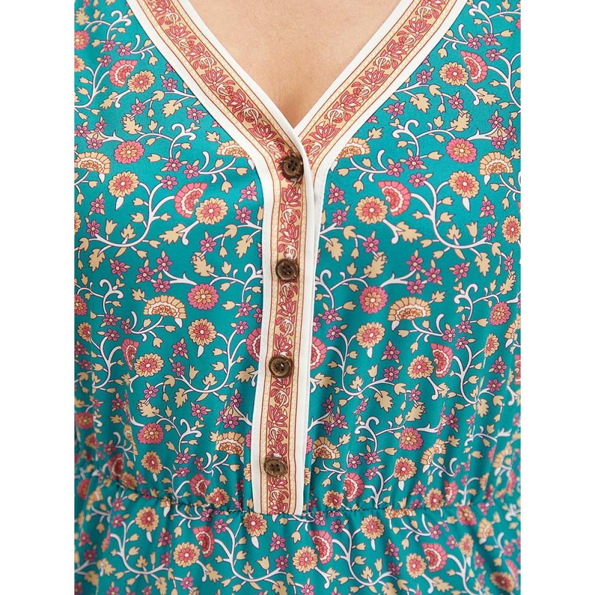 Plus Size Floral Print Button Detail Elastic Waist Patchwork Dress Emerald Women Vacation Gathered V-neck Short sleeve Curvy Midi Dress BloomChic 14-16/1X Product Image
