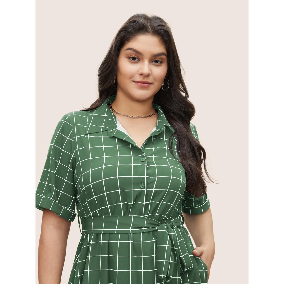 Plus Size Plaid Belted Shirt Collar Cuffed Sleeve Dress Palemauve Women At the Office Non Shirt collar Short sleeve Curvy Midi Dress BloomChic 18-20/2X Product Image