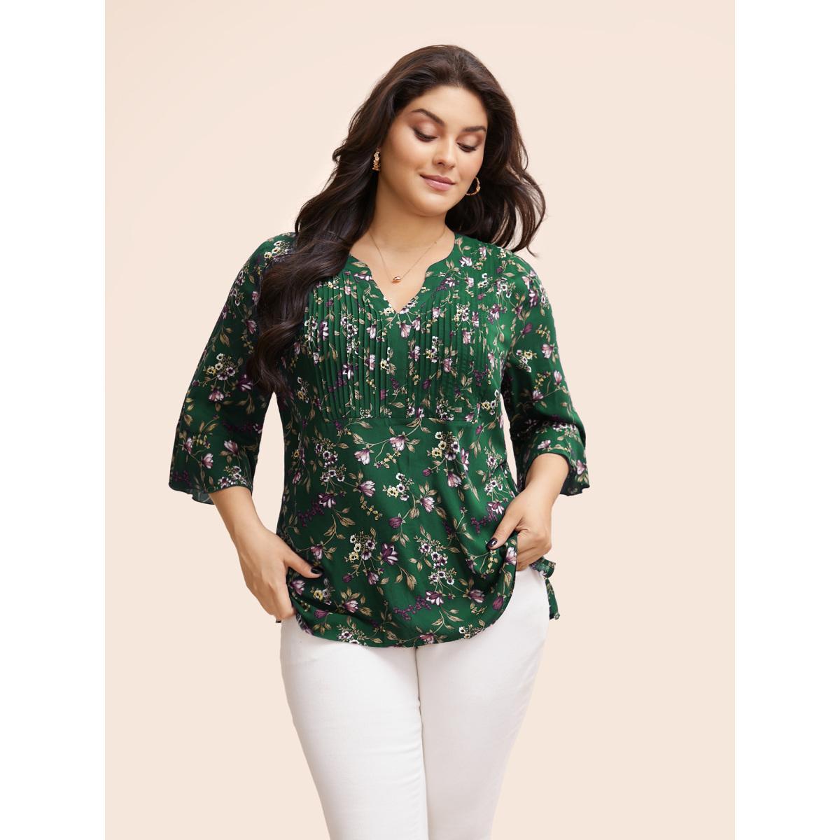 Plus Size DarkGreen Ditsy Floral Pleated Flutter Sleeve Blouse Women Elegant Elbow-length sleeve Flat collar with V-notch Everyday Blouses BloomChic 28/5X Product Image