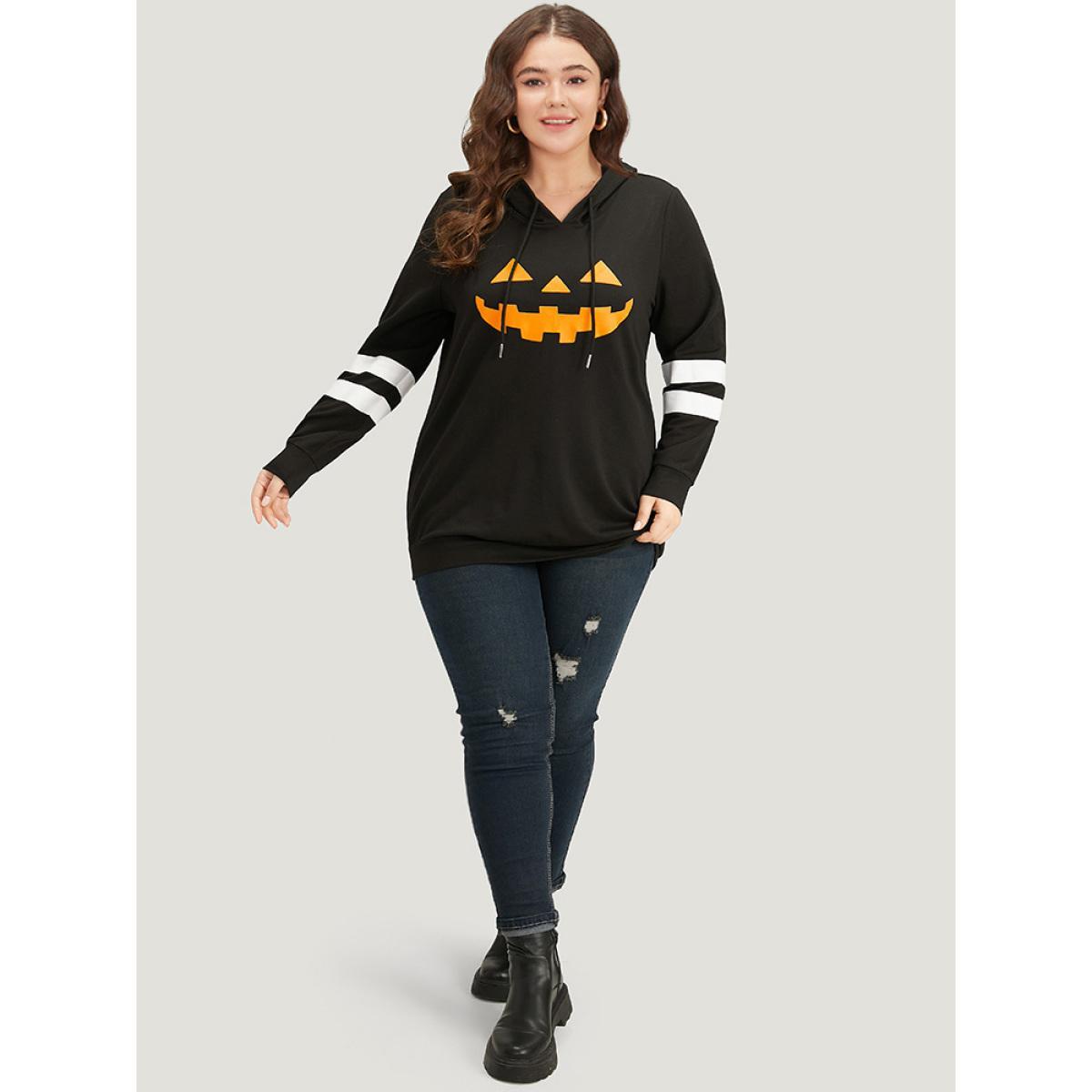 Plus Size Halloween Print Striped Patchwork Hooded Drawstring Sweatshirt Women Black Casual Elastic cuffs Festival-Halloween Sweatshirts BloomChic 22-24/3X Product Image