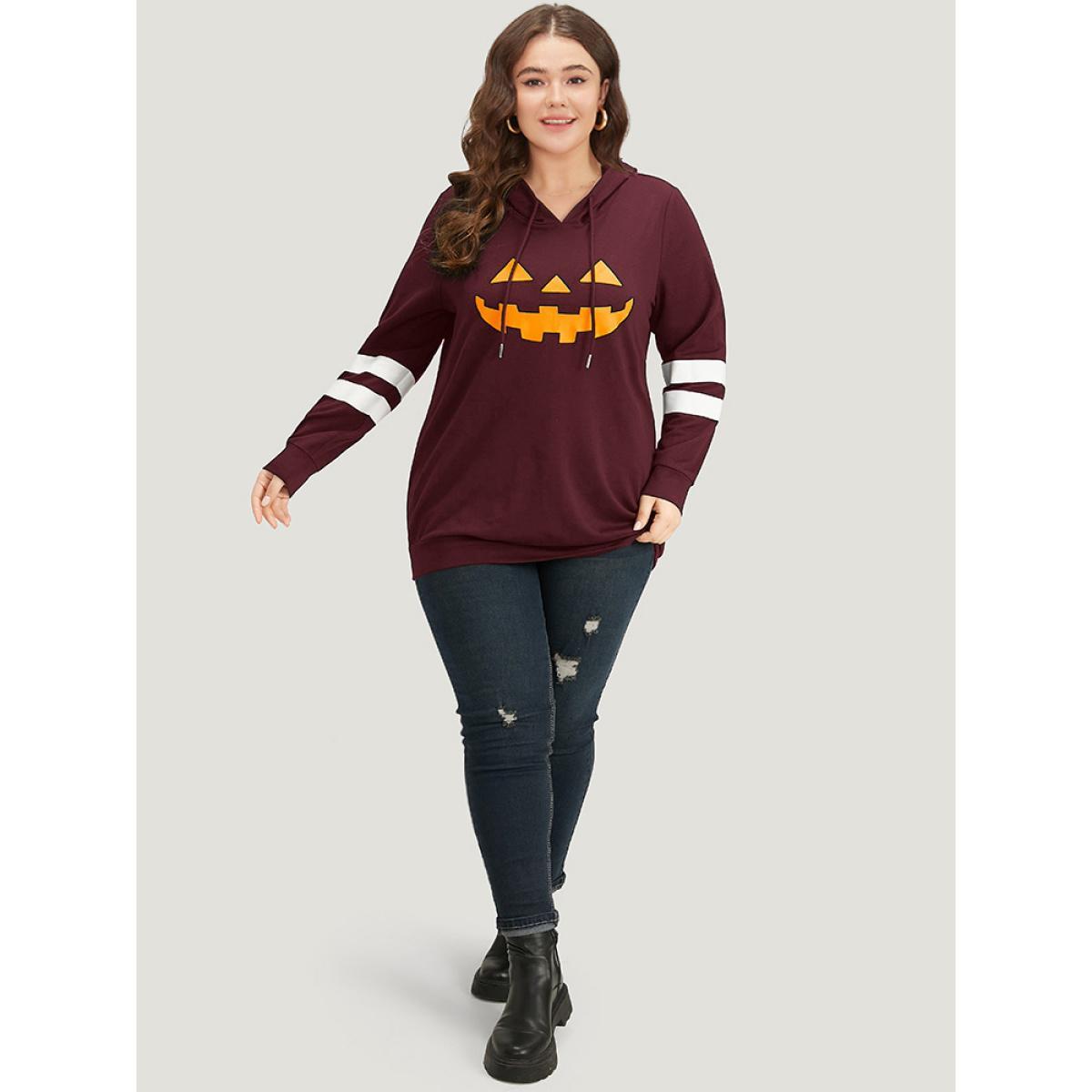 Plus Size Halloween Print Striped Patchwork Hooded Drawstring Sweatshirt Women Burgundy Casual Elastic cuffs Festival-Halloween Sweatshirts BloomChic 18-20/2X Product Image