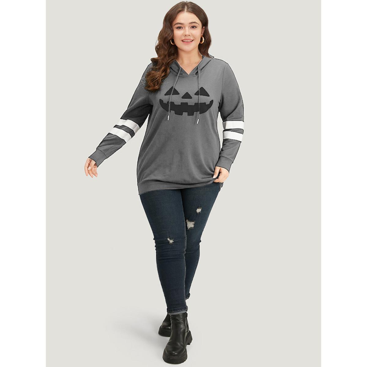 Plus Size Halloween Print Striped Patchwork Hooded Drawstring Sweatshirt Women Gray Casual Elastic cuffs Festival-Halloween Sweatshirts BloomChic 30/6X Product Image