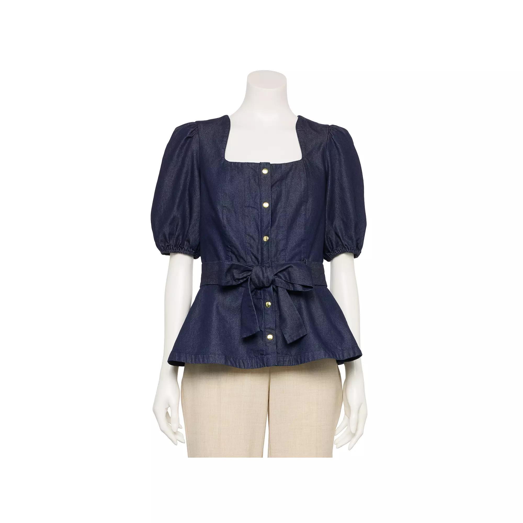 Women's Nine West Adaptive Belted Squareneck Top, Size: Large, Mid Blue Blue Wash Product Image