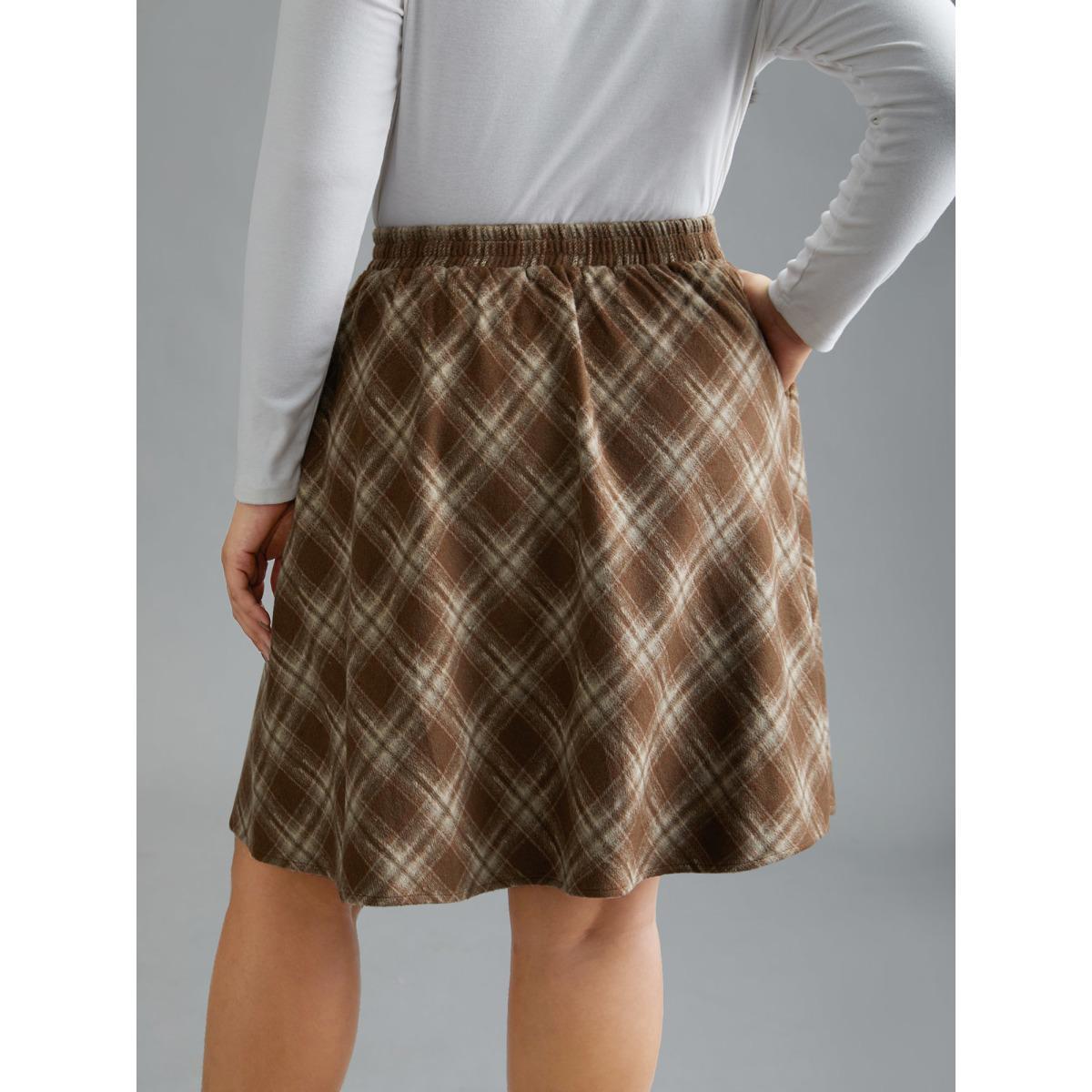 Plus Size Plaid Pattern Elastic Waist A-line Mini Skirt Women LightBrown Elegant Low stretch Slanted pocket Everyday Skirts BloomChic 18-20/2X Product Image