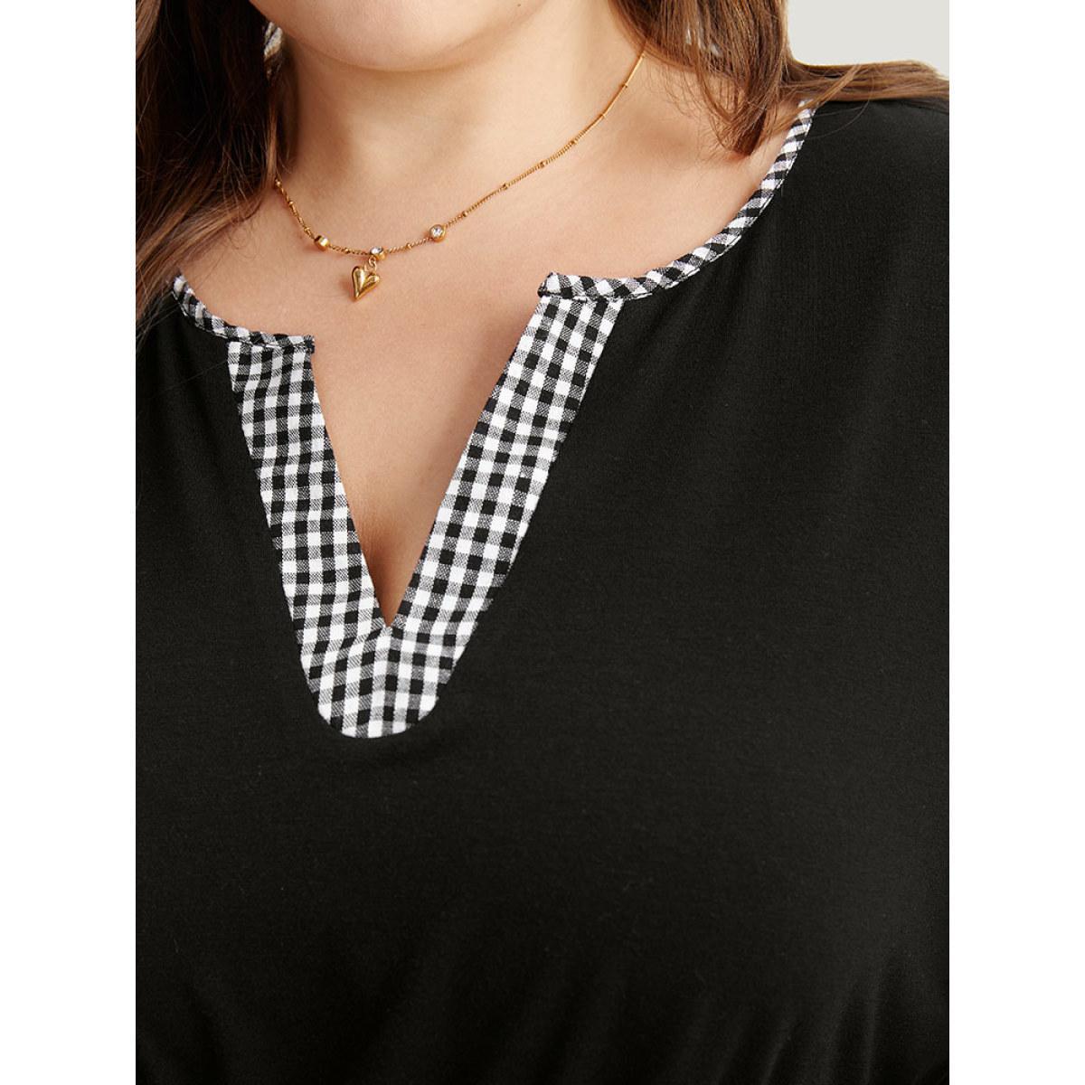 Plus Size Notched Drawstring Gingham Patchwor Dress Black Women Casual Patchwork Notched collar Long Sleeve Curvy Midi Dress BloomChic 22-24/3X Product Image