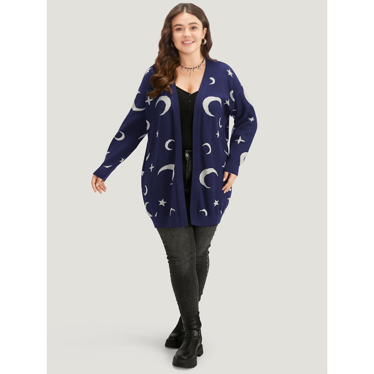 Plus Size Moon Print Open Front Cardigan Burgundy Women Casual Long Sleeve Everyday Cardigans BloomChic 10/M Product Image