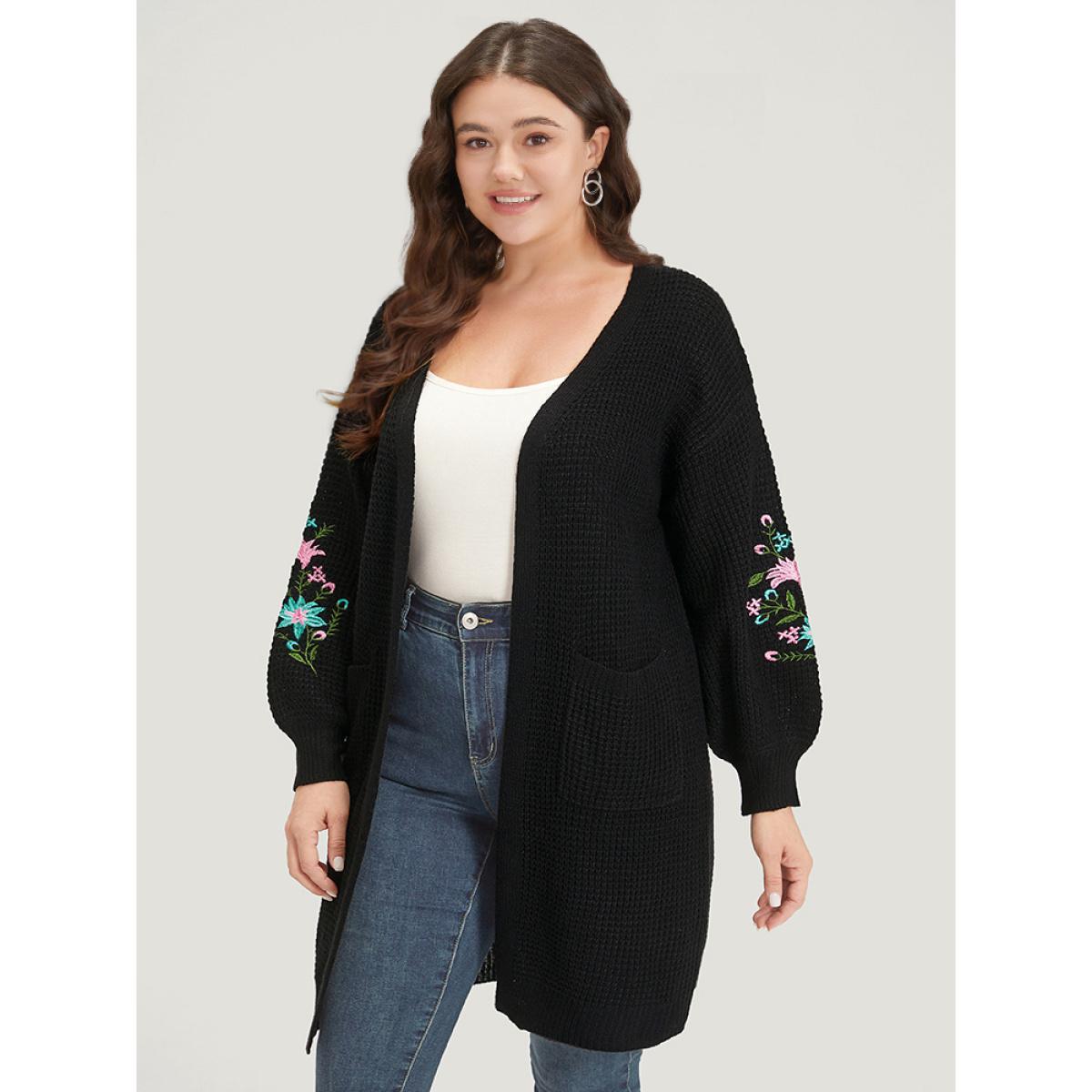 Plus Size Plants Embroidered Lantern Sleeve Open Front Cardigan Black Women Casual Loose Long Sleeve Dailywear Cardigans BloomChic 14-16/1X Product Image