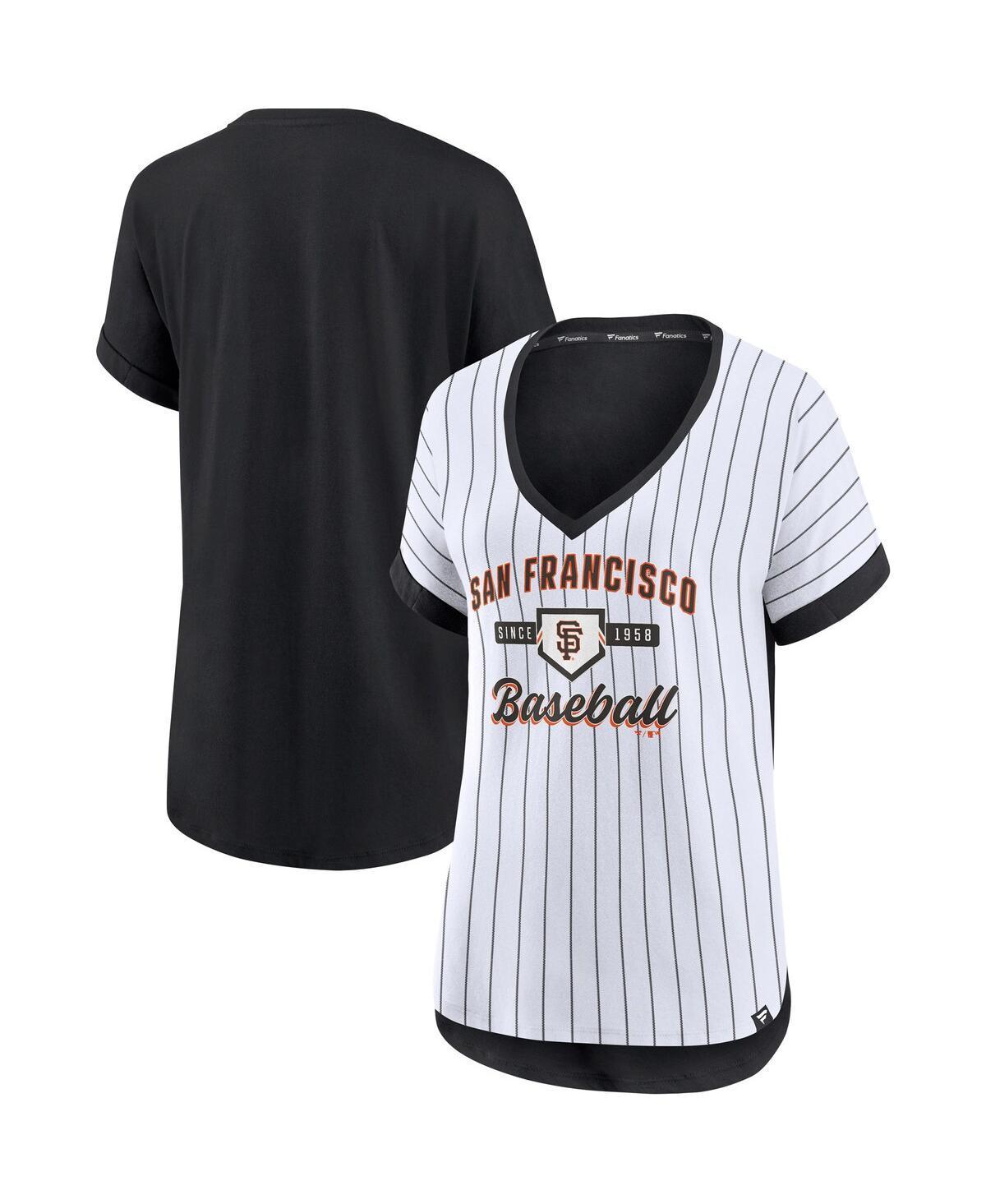 Women's Fanatics Branded White/Black San Francisco Giants Iconic Noise Factor Pinstripe V-Neck T-Shirt, Size: XS Product Image