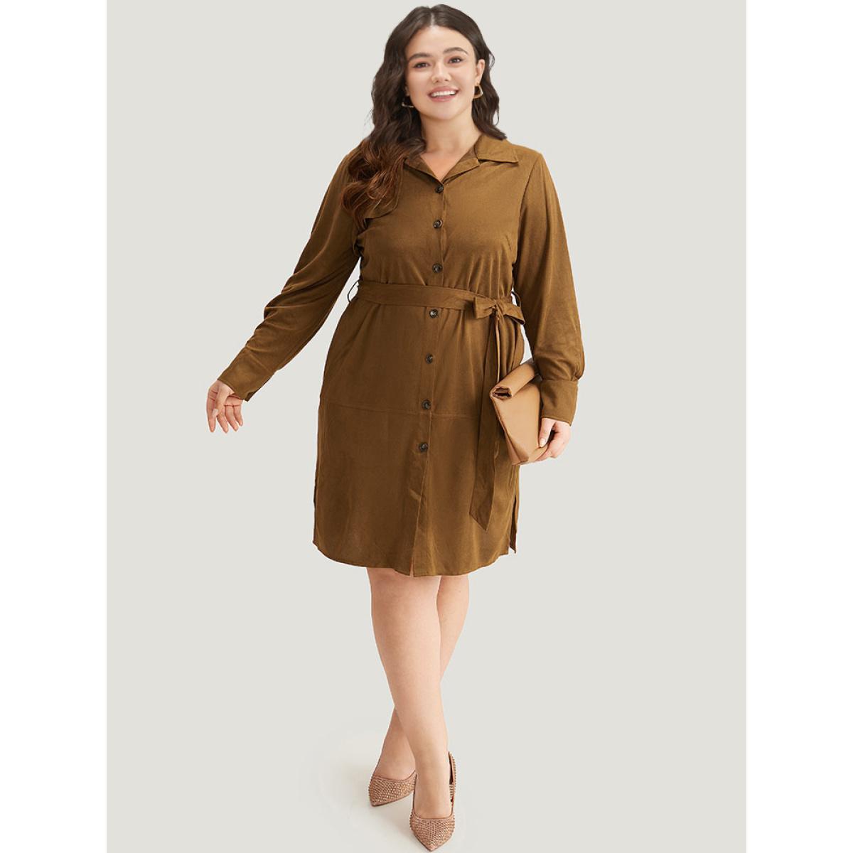 Plus Size Plain Split Hem Button Through Belted Dress Bronze Women Office Plain Shirt collar Long Sleeve Curvy Knee Dress BloomChic 18-20/2X Product Image
