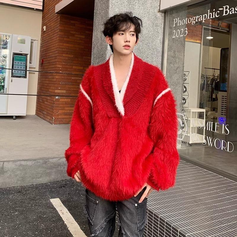 V-Neck Contrast Trim Fluffy Sweater Product Image
