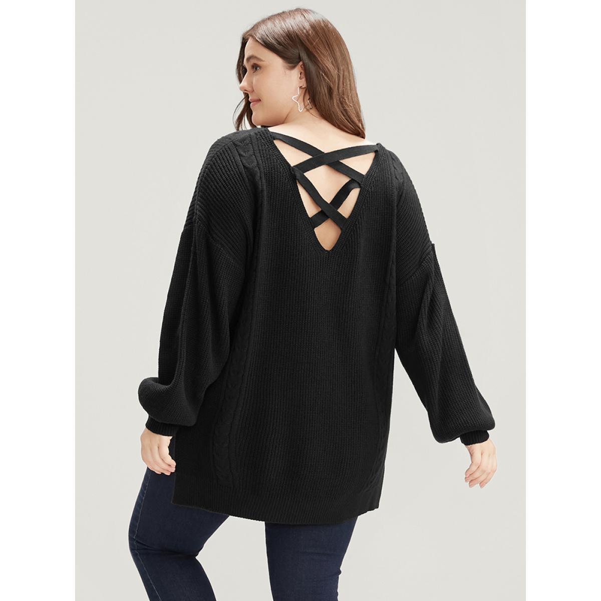 Plus Size Solid Pointelle Knit Lantern Sleeve Cut Out Split Knit Top Black Women Casual Loose Long Sleeve V-neck Dailywear Pullovers BloomChic 30/6X Product Image