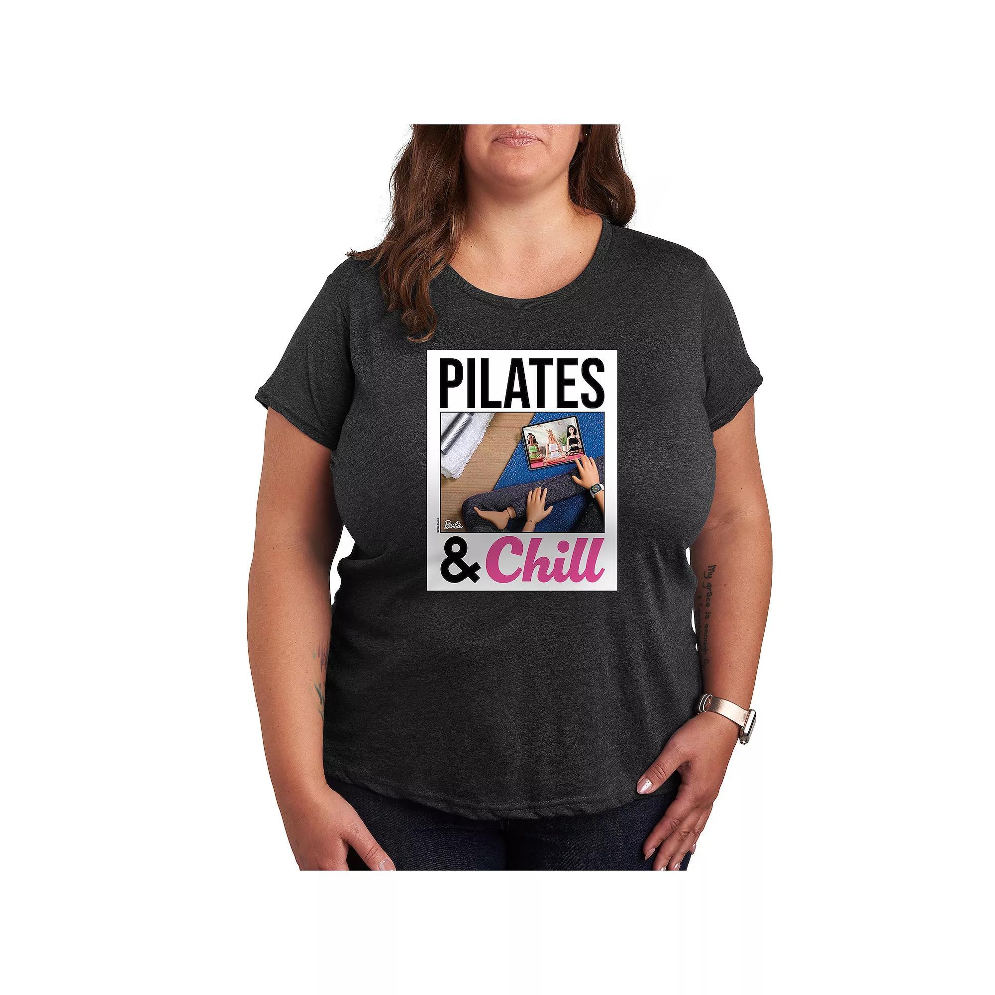 Plus Barbie Pilates & Chill Graphic Tee, Womens Heather Grey Product Image