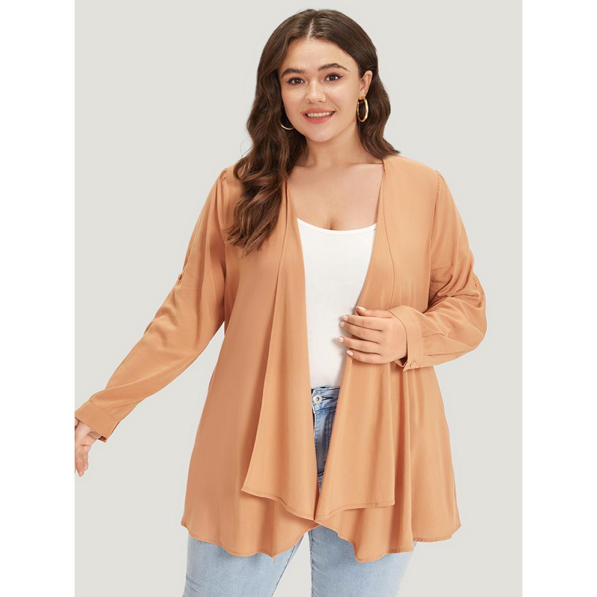 Plus Size Supersoft Essentials Plain Pocket Button Asymmetrical Hem Kimono Women Tan Casual Asymmetrical Pocket Dailywear Kimonos BloomChic 14-16/1X Product Image