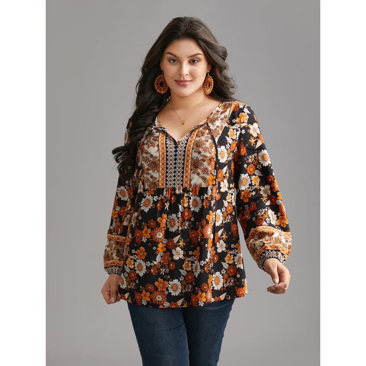 Plus Size Black Boho Print Tie Knot Lantern Sleeve Blouse Women Resort Long Sleeve Notched collar Vacation Blouses BloomChic 10/M Product Image