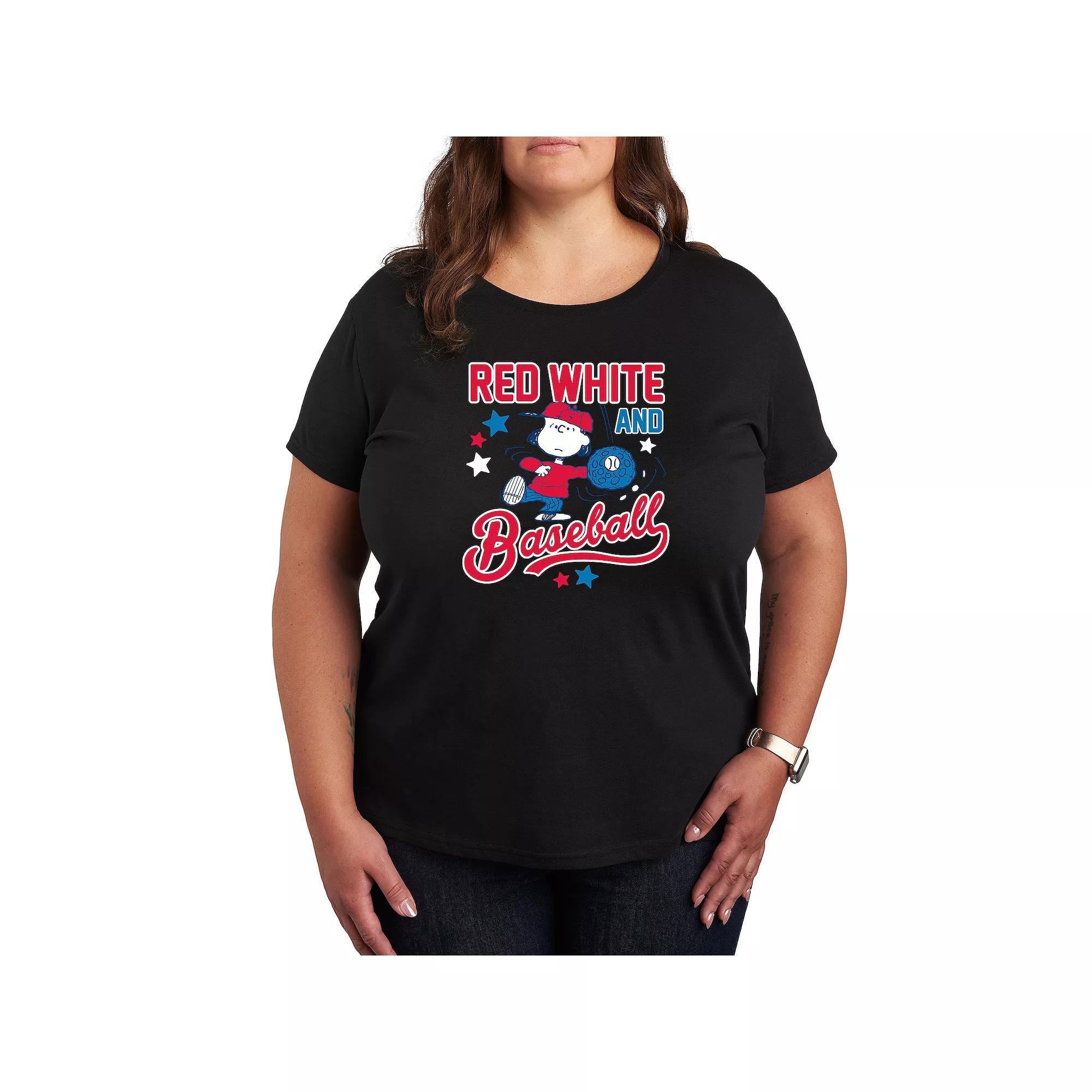 Plus Peanuts Red White Baseball Lucy Graphic Tee, Womens Grey Gray Product Image