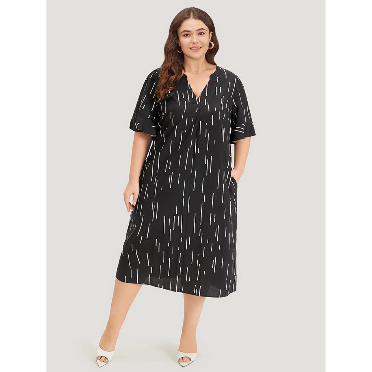 Plus Size Line Print Notched Bell Sleeve Ruffle Hem Dress Black Women Office Plain Notched collar Half Sleeve Curvy Midi Dress BloomChic 28/5X Product Image