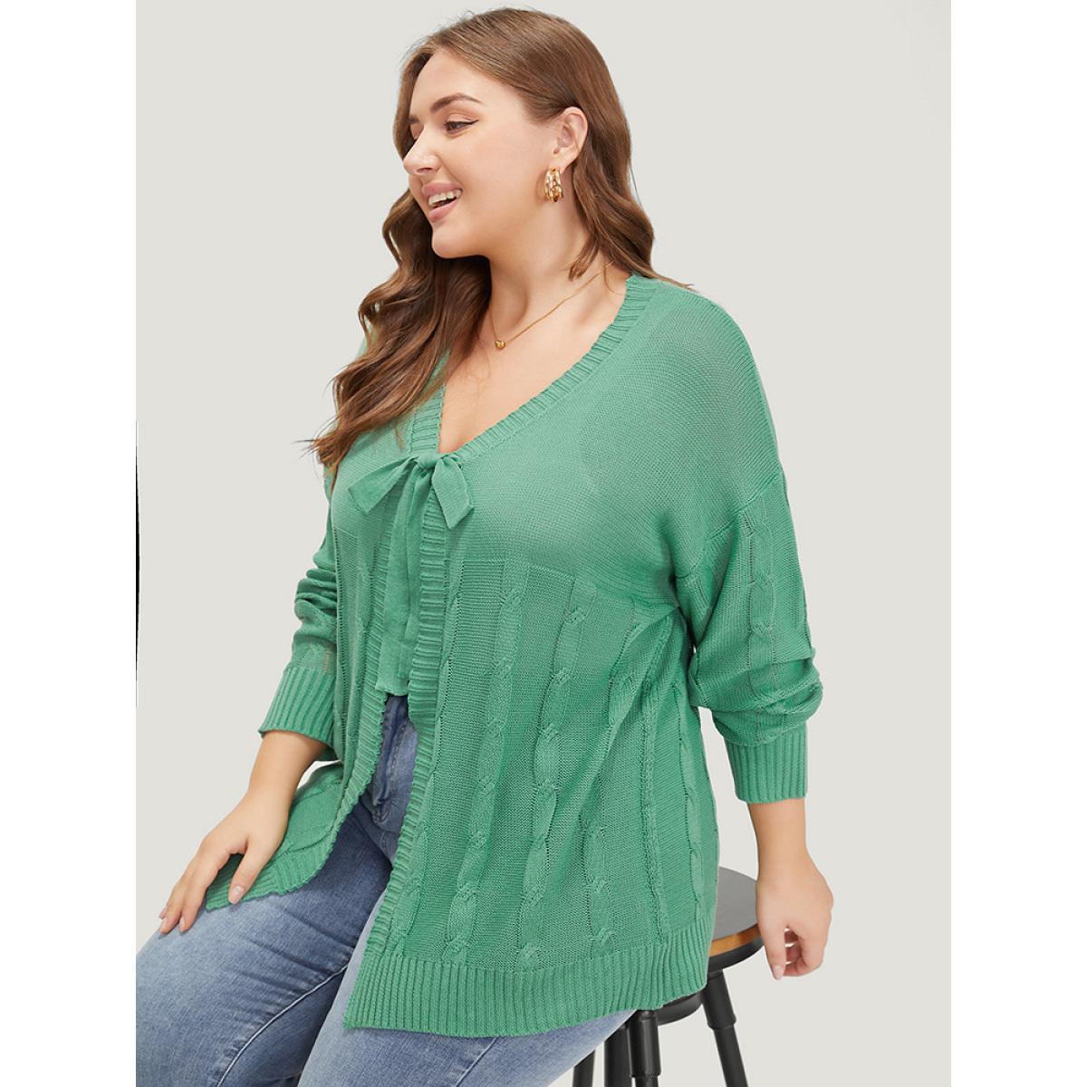 Plus Size Solid Ties Front Cable Knit Cardigan Green Women Casual Long Sleeve Dailywear Cardigans BloomChic 28/5X Product Image