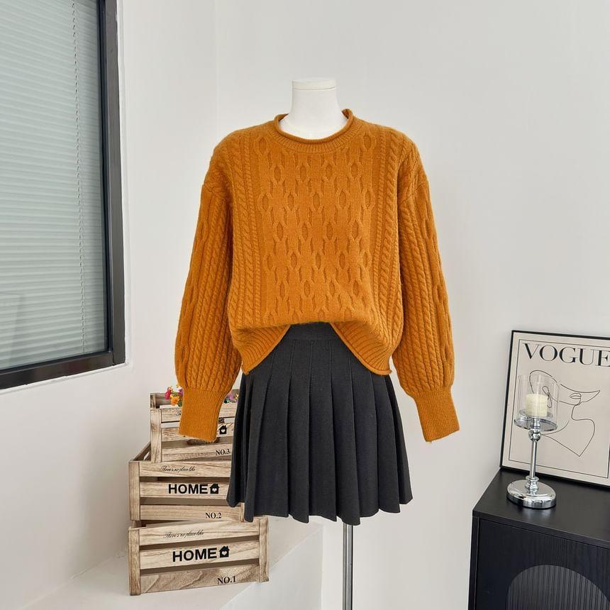 Crew Neck Plain Cable Knit Sweater Product Image