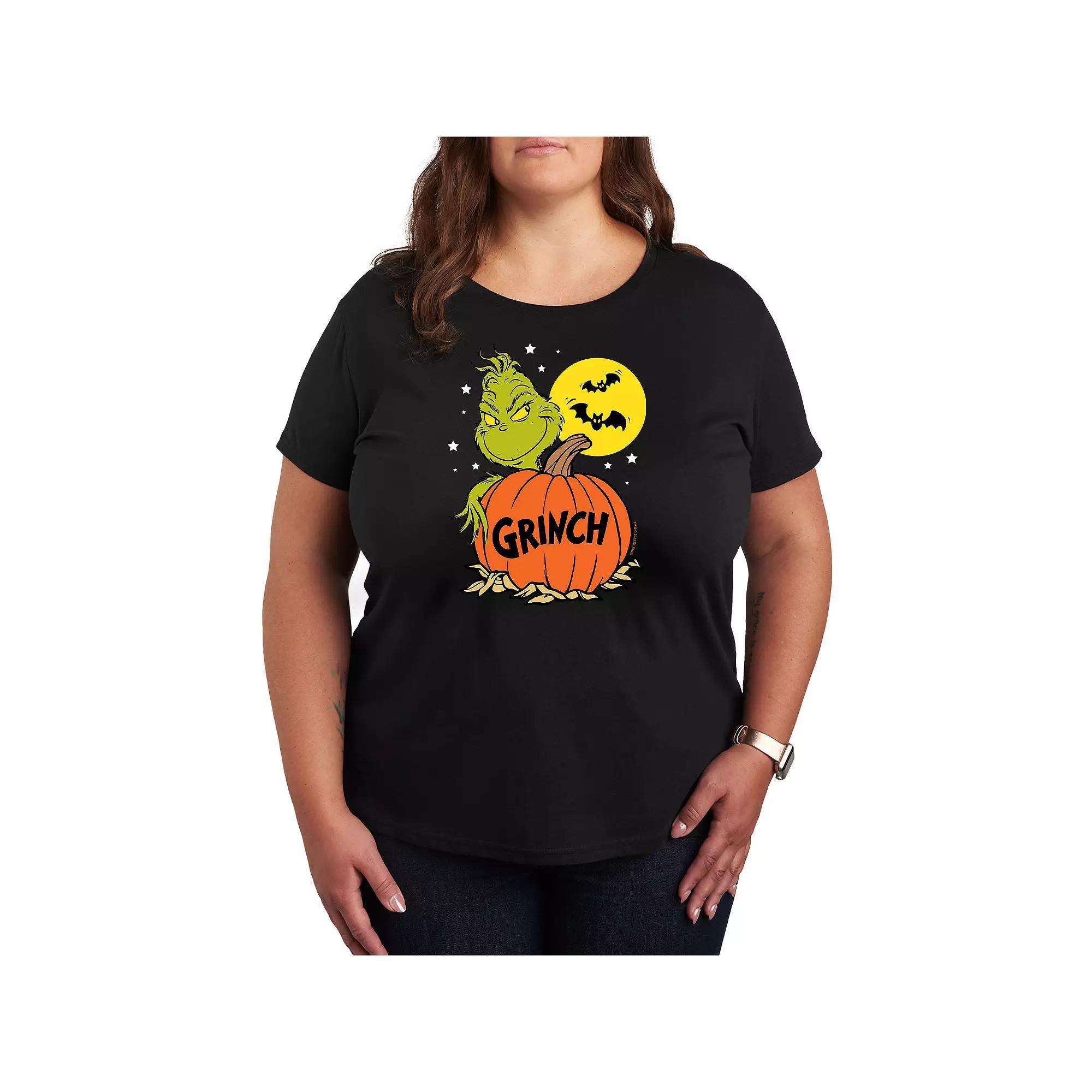 Plus Size Dr. Seuss Grinch Halloween Pumpkin Graphic Tee, Womens Heather Grey Product Image
