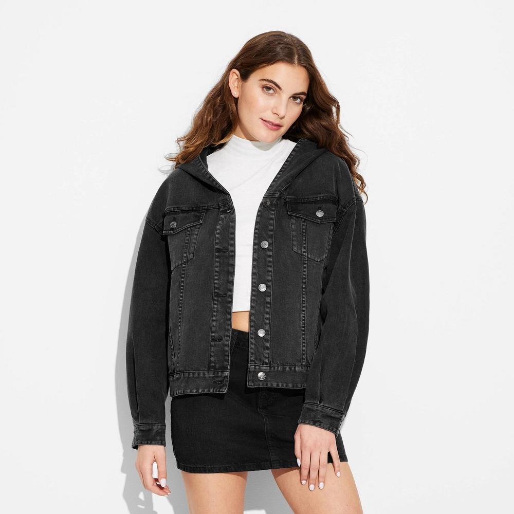 Women's Oversized Hooded Jean Jacket - Wild Fable™ Black Wash L: Midweight , Front Button Down, 4 Pockets Product Image