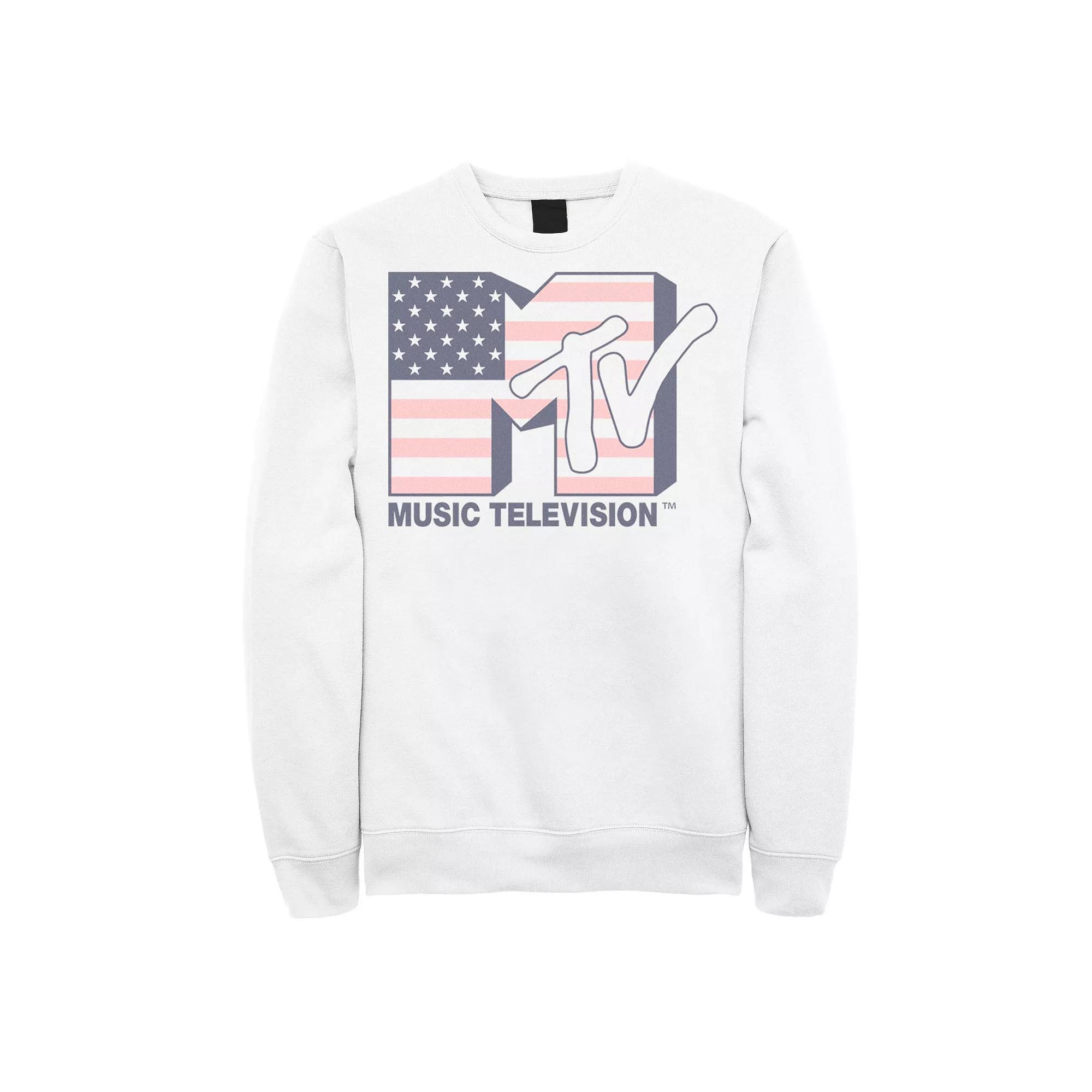 Men's MTV Distressed American Flag Logo Graphic Fleece, Size: XL, White Product Image