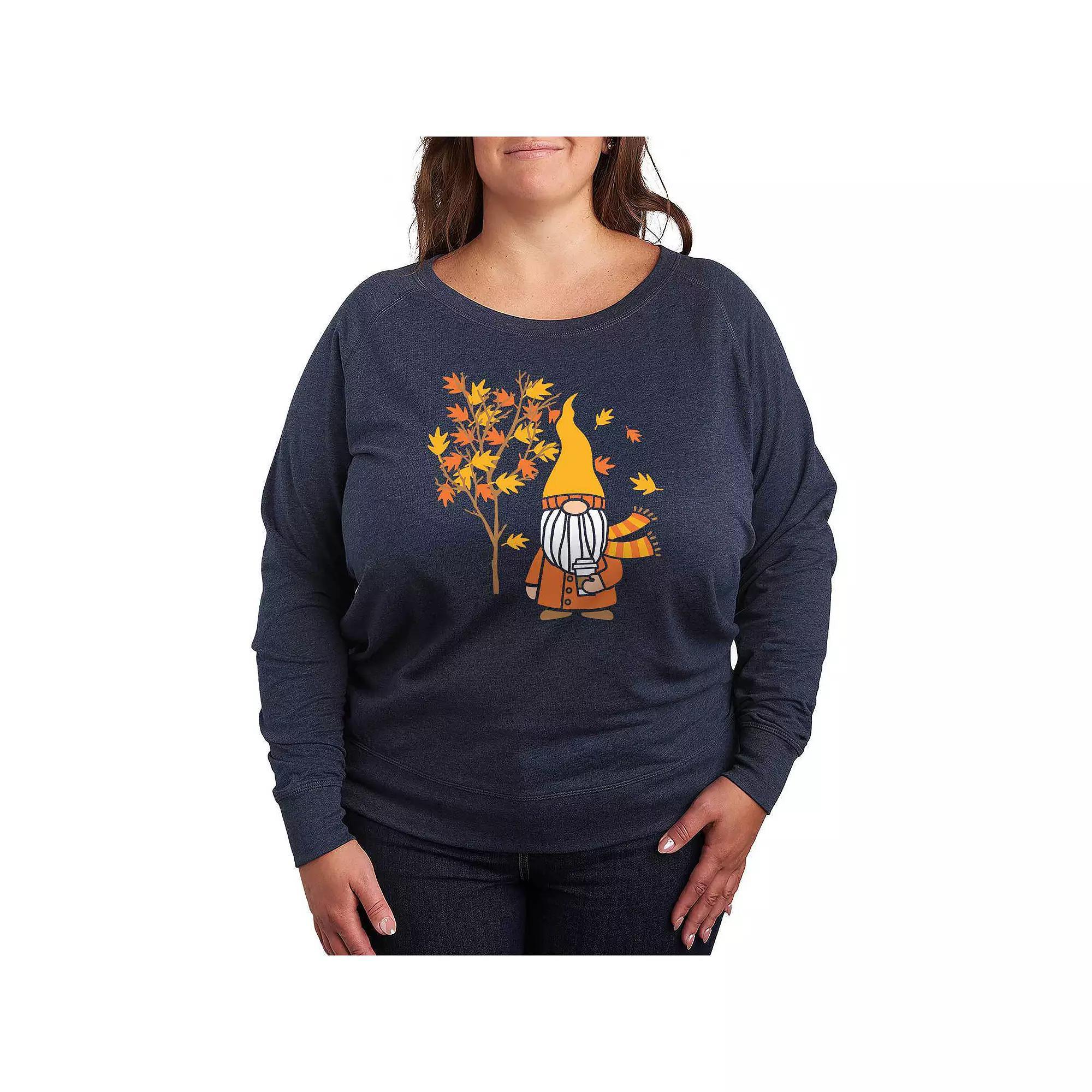 Plus Size Fall Gnome Tree French Terry Long Sleeve Tee, Womens Grey Indigo Product Image
