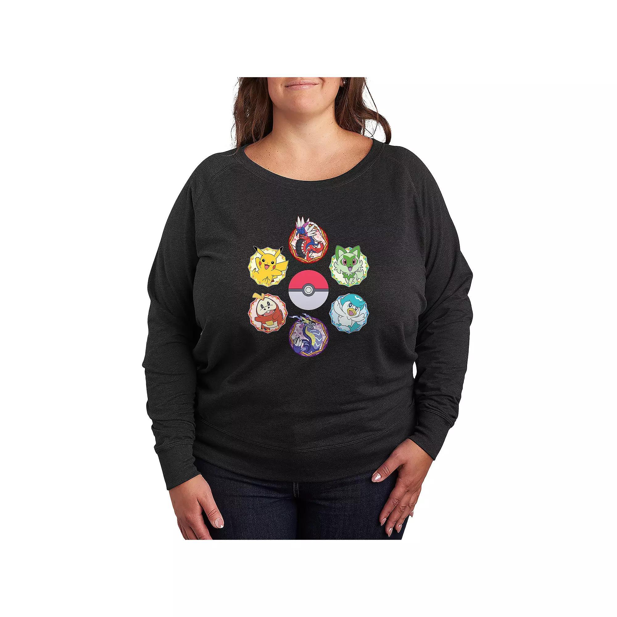 Plus Size Pokemon Sparkle Badges French Terry Long Sleeve Tee, Womens Heather Grey Product Image