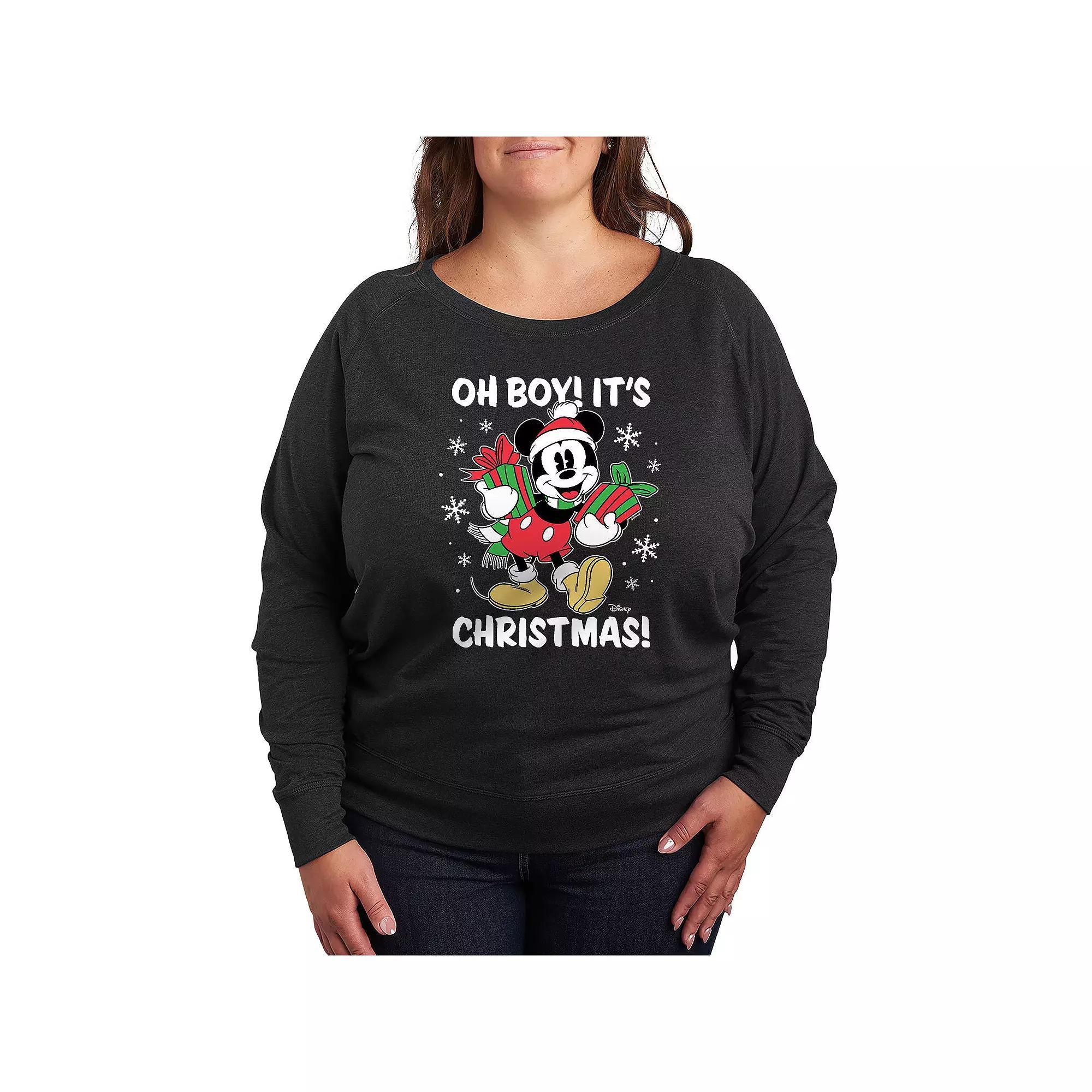 Disneys Mickey Mouse Plus Size Oh Boy Its Christmas French Terry Long Sleeve Tee, Womens Grey Heather Product Image