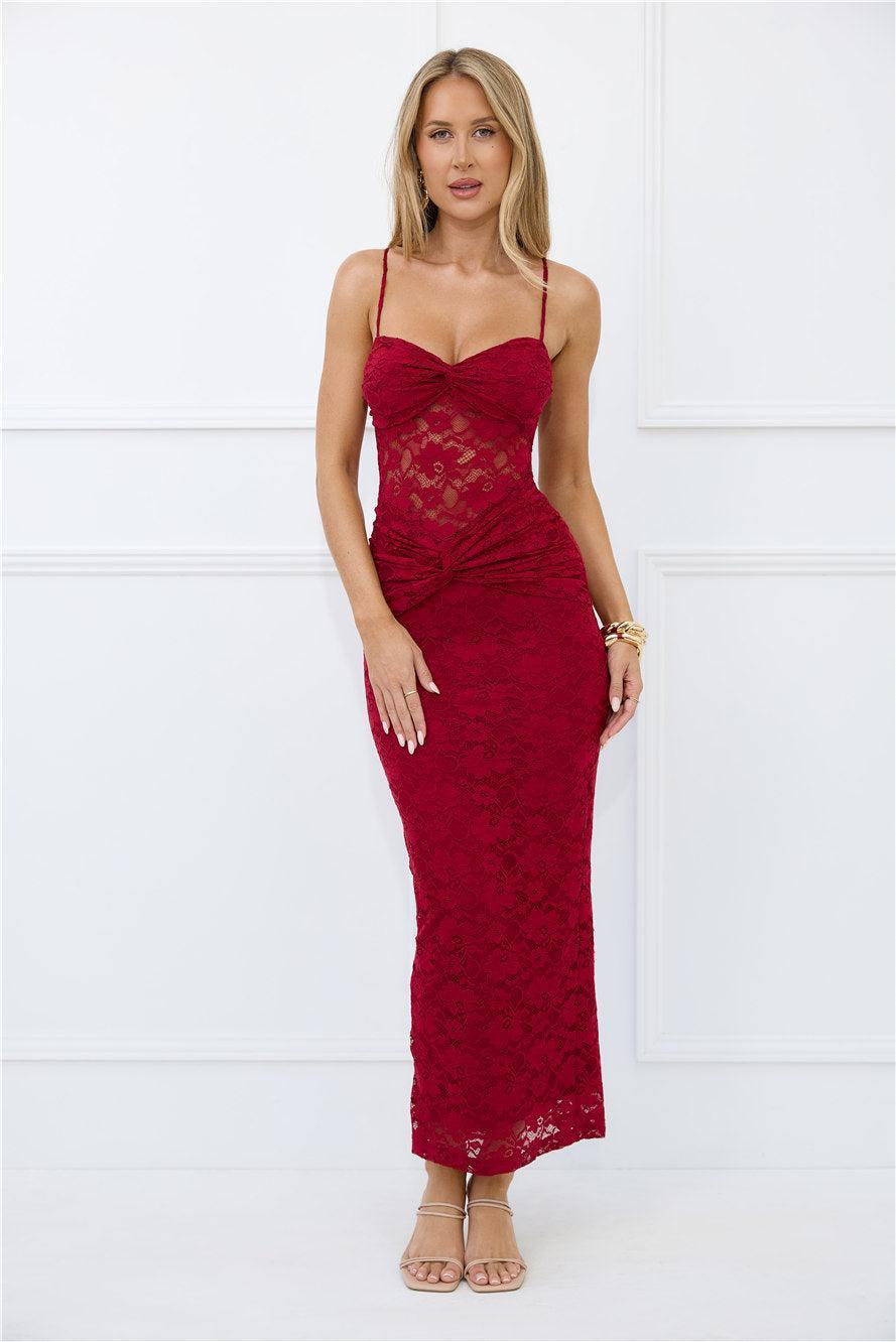 Chic After Dark Lace Maxi Dress Burgundy Product Image
