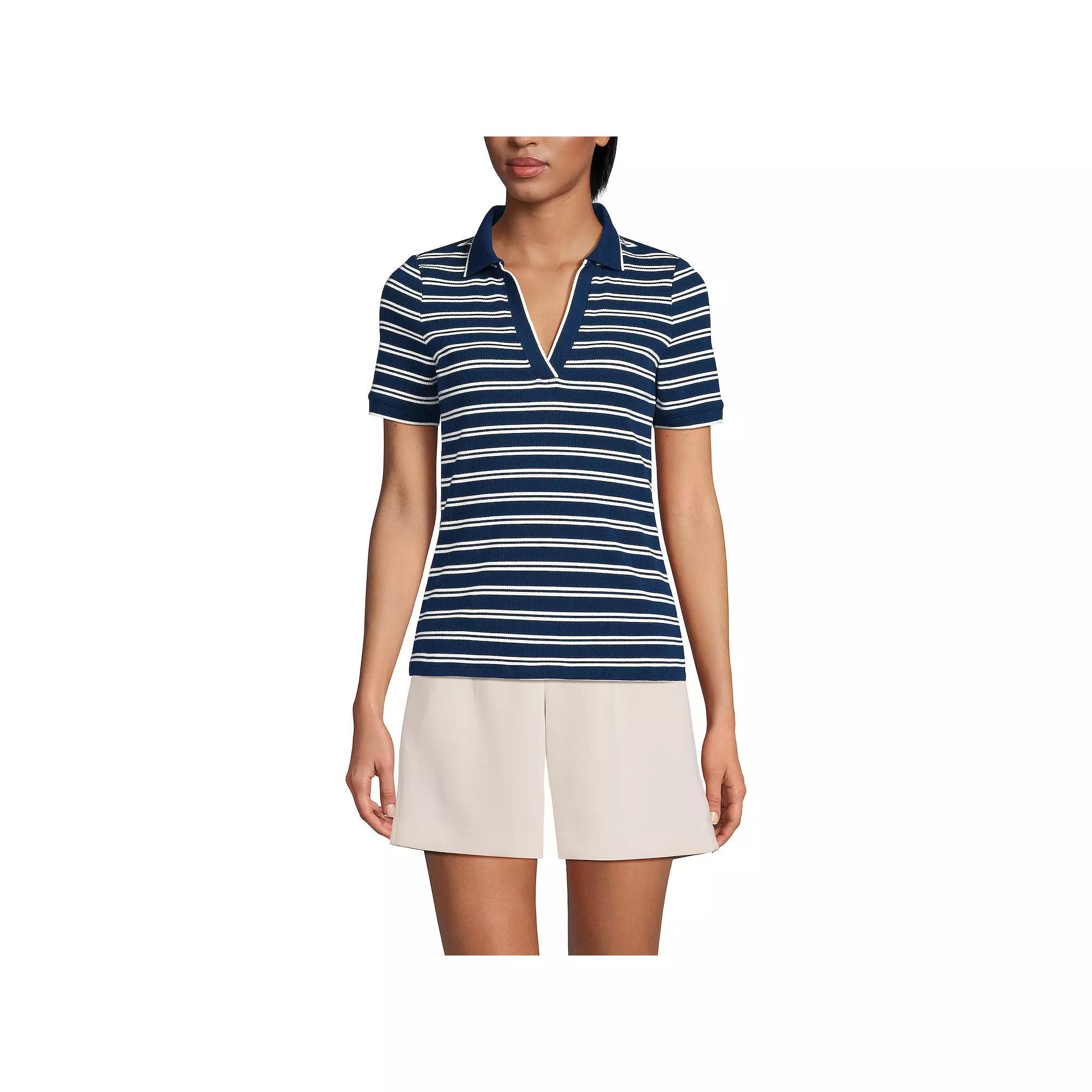 Petite Lands' End Short Sleeve Polished Rib Polo, Women's, Size: XS Petite, Ivory Vibrant Green Product Image