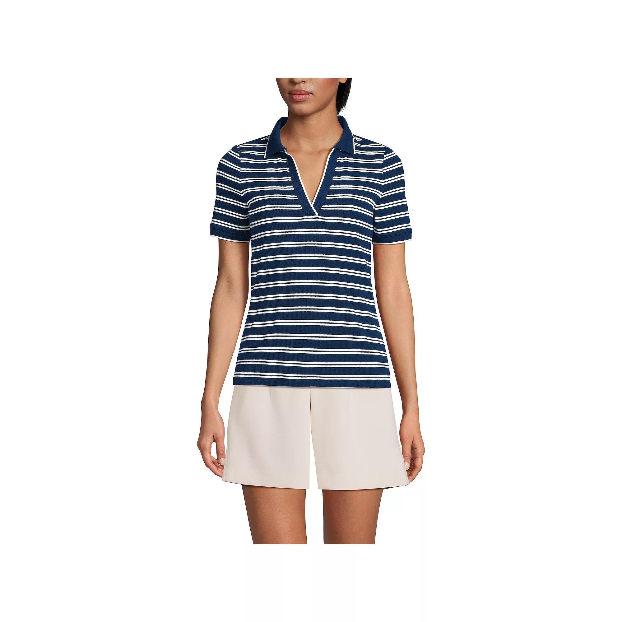 Petite Lands' End Short Sleeve Polished Rib Polo, Women's, Size: XS Petite, Ivory Vibrant Green Product Image