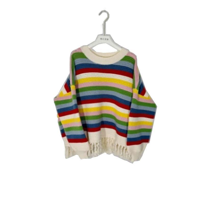 Round Neck Striped Fringe Sweater Product Image
