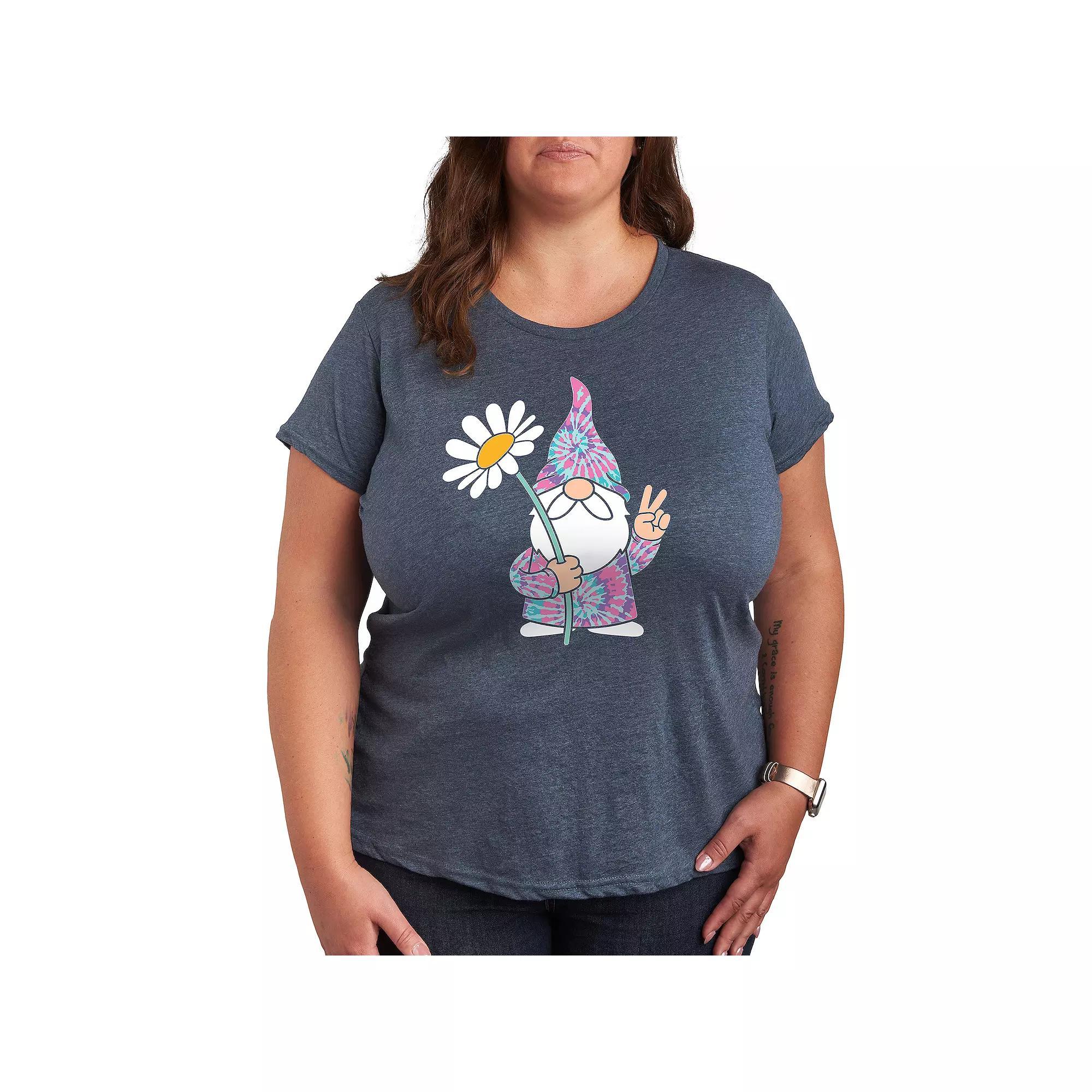 Plus Tie Dye Gnome With Daisy Graphic Tee, Womens Grey Blue Product Image