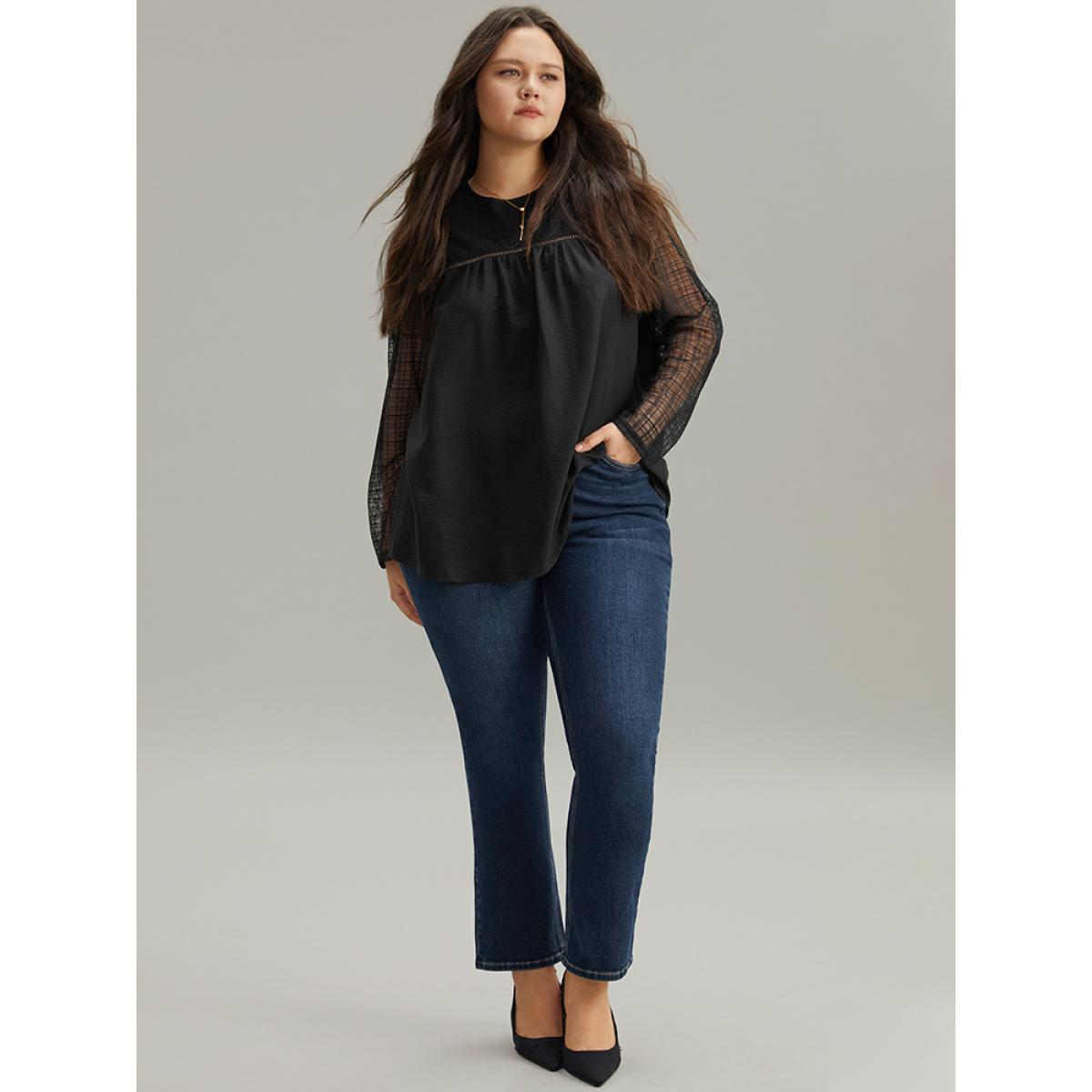 Plus Size Black Solid Keyhole Mesh Plicated Detail Blouse Women Glamour Long Sleeve Round Neck Going out Blouses BloomChic 10/M Product Image