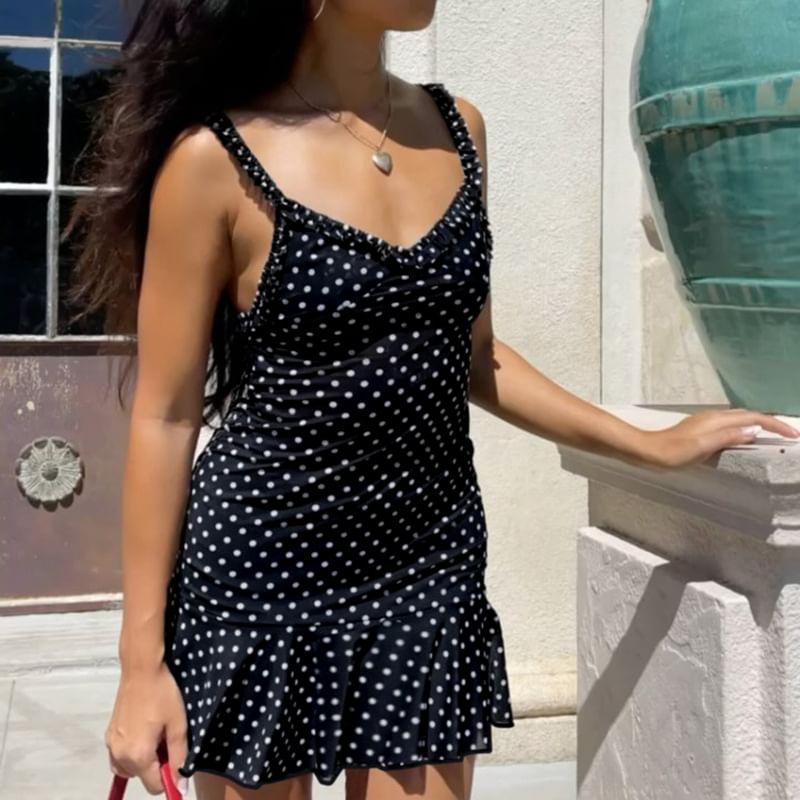 Spaghetti Strap Polka Dot Ruffle Hem Mini Dress Product Image