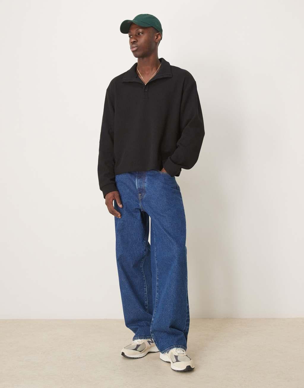ASOS DESIGN oversized dropped shoulder boxy brushed waffle funnel neck sweatshirt in black Product Image
