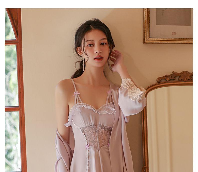Set: Spaghetti Strap Lace Panel Ruffle Trim Open Back Nightdress + Pajama Robe Product Image