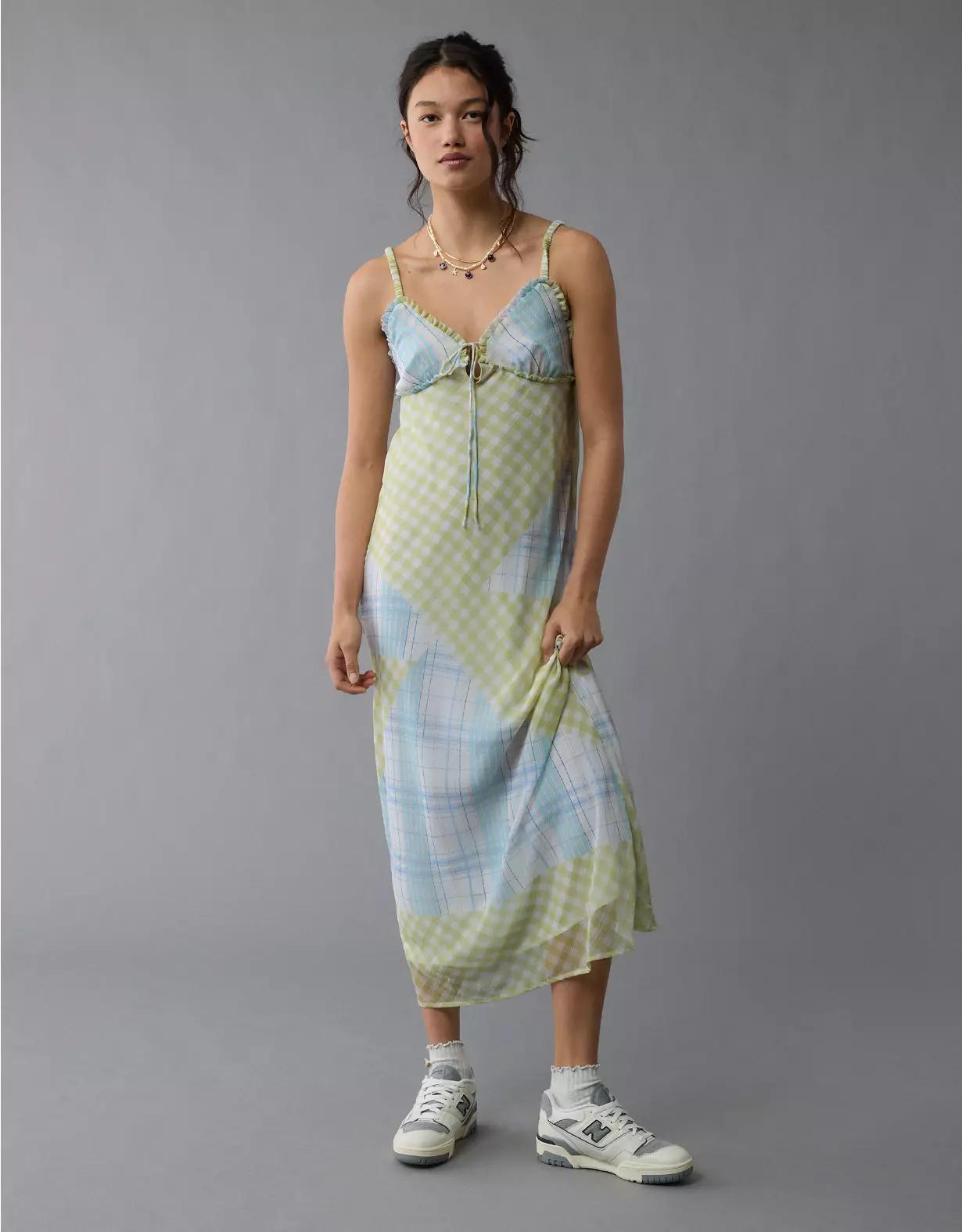 AE V-Neck Ruffle Midi Slip Dress Product Image