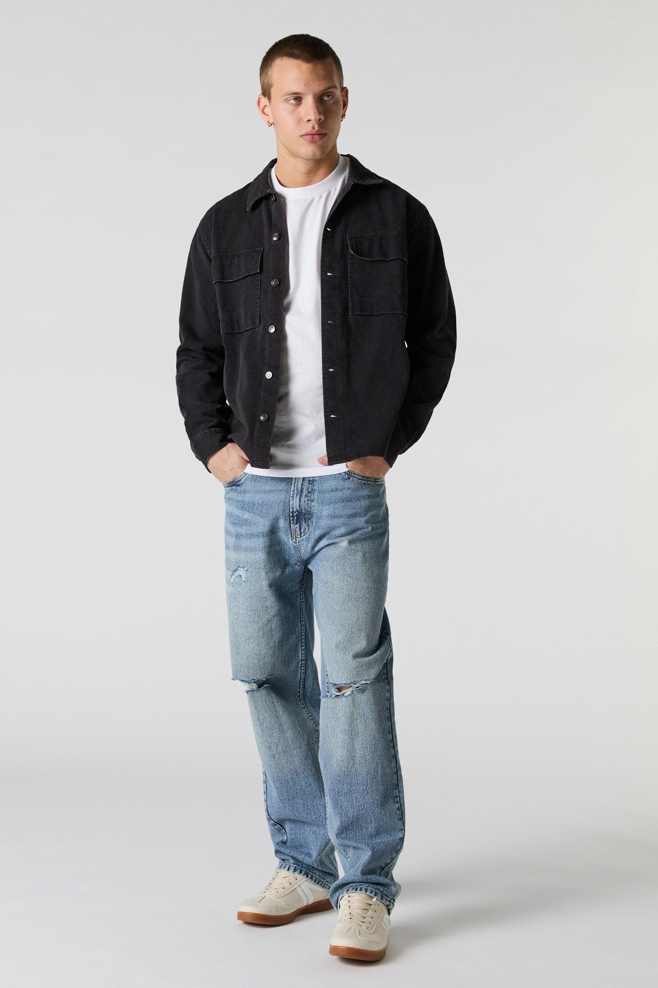 Denim Wash Collared Button-up Top Male Product Image