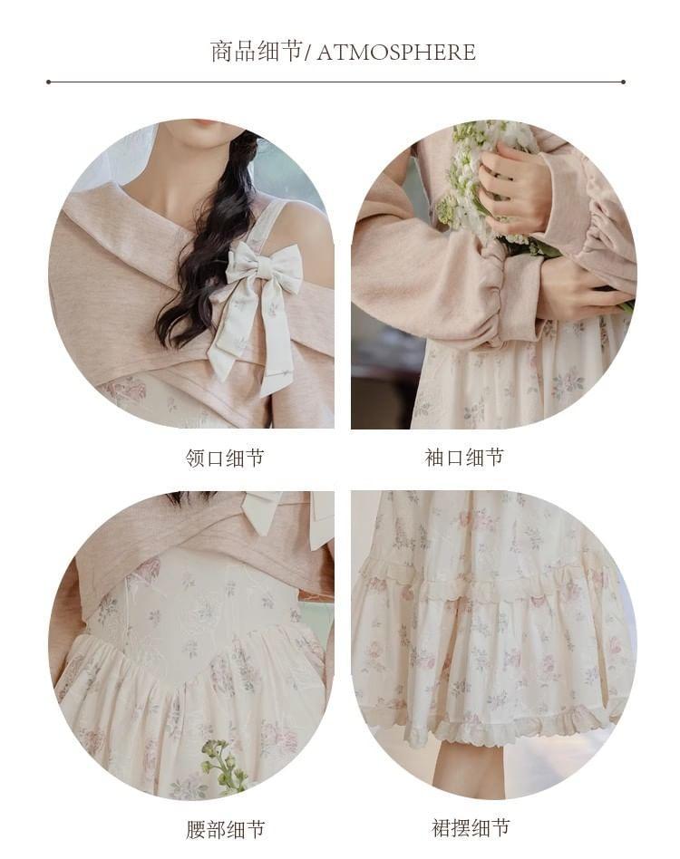 Set: Sleeveless Floral Print Bow Accent Midi A-Line Dress + Long-Sleeve Off-Shoulder Plain Asymmetrical Crop Top Product Image