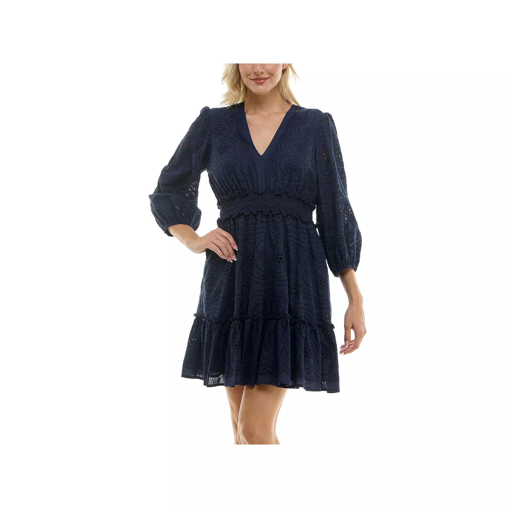 Women's Taylor Lace Bishop Sleeve Fit & Flare Mini Dress, Size: 10, Black Navy Product Image